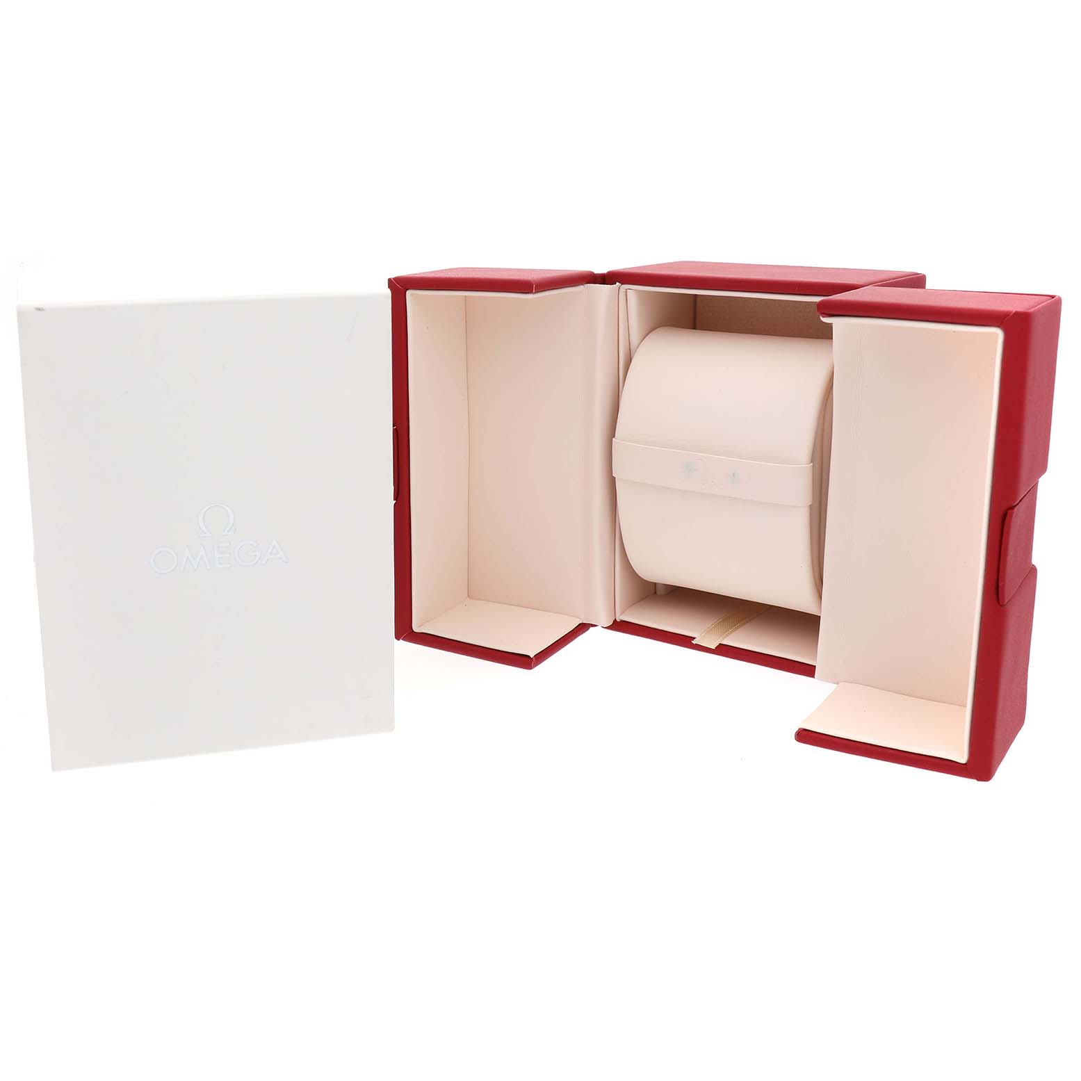 The image shows the opened packaging for an Omega De Ville 433.10.41.21.02.001 Men's Stainless Steel Silver Dial watch, with visible red and cream interior sections.