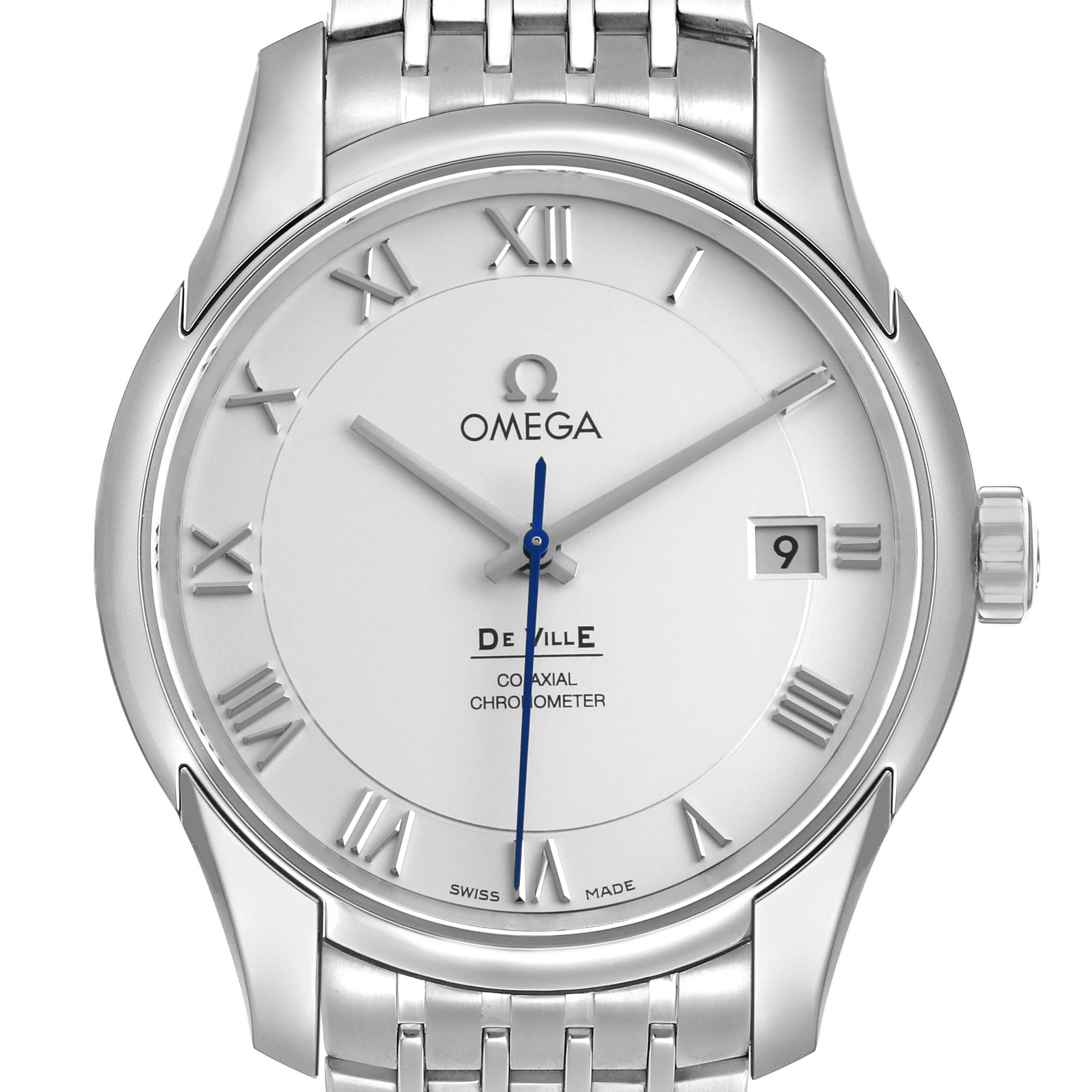 The Omega De Ville 433.10.41.21.02.001 Men's Stainless Steel Silver Dial watch is shown from the front, highlighting the dial, hands, and date window.