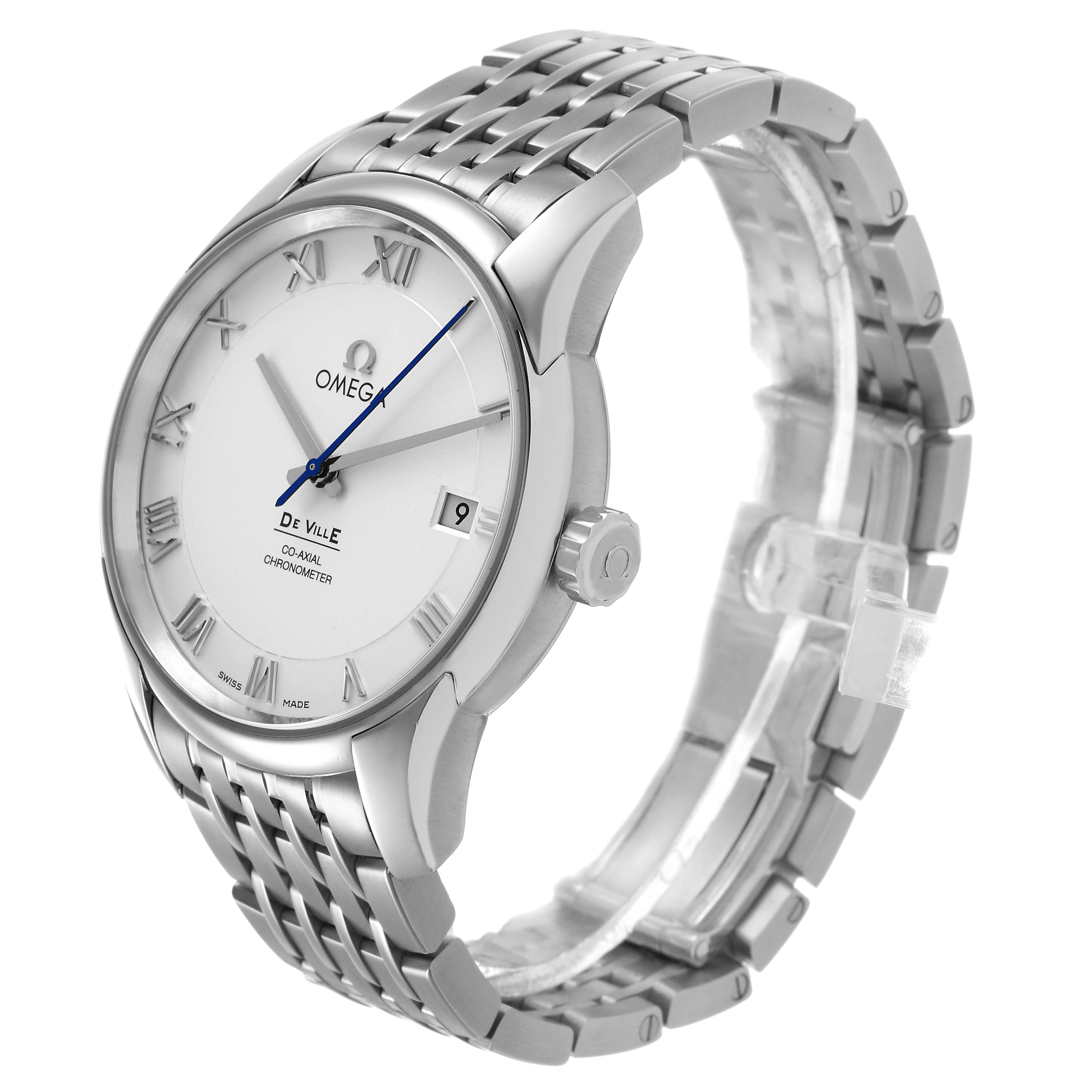 The Omega De Ville 433.10.41.21.02.001 Men's Stainless Steel Silver Dial watch is shown at a three-quarter angle, displaying the dial, case, bezel, crown, and bracelet.