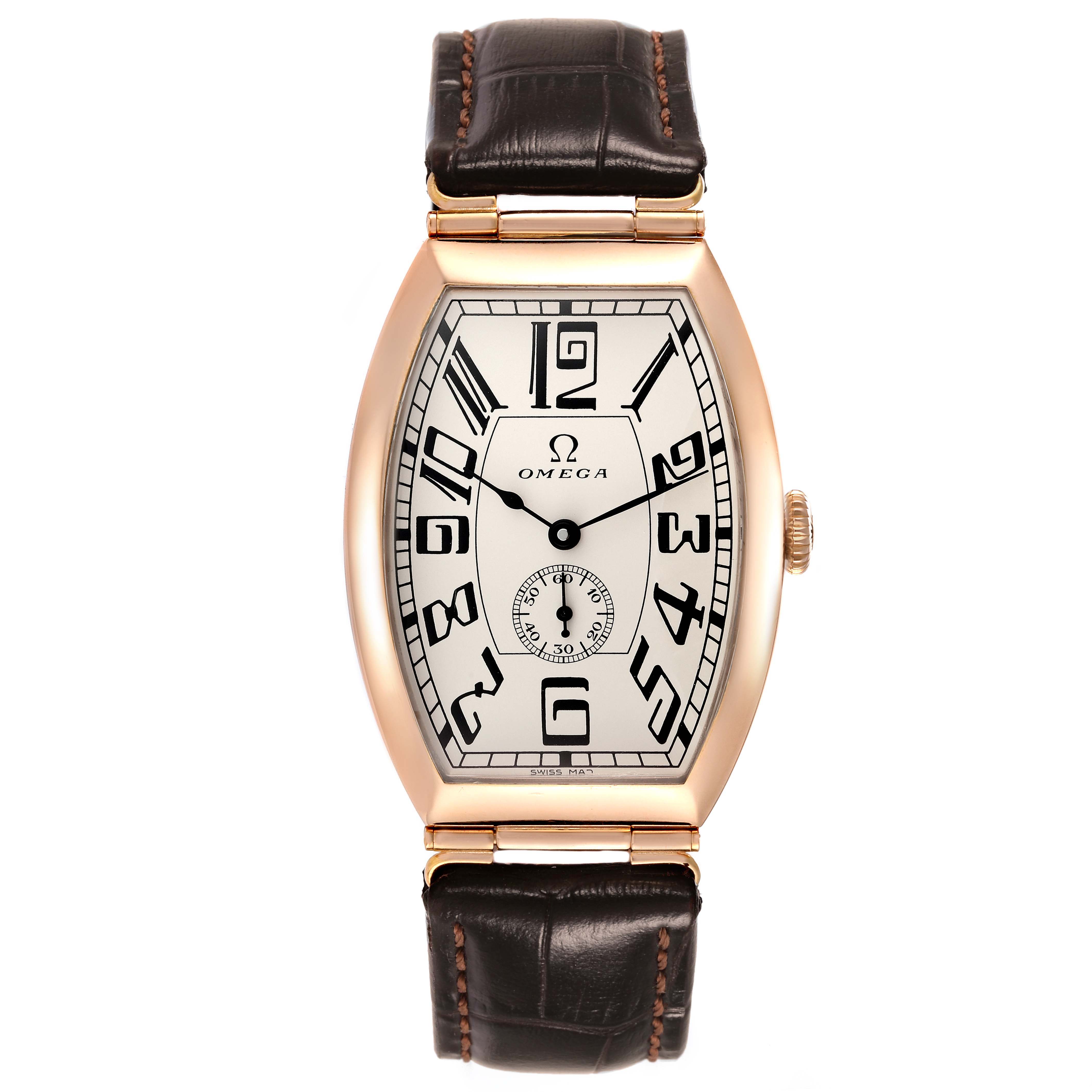 This image shows a front view of the Omega Museum 5703.30.01 Men
s Rose Gold Beige Dial 5703.30.01 Men
s Rose Gold Beige Dial model watch, displaying its dial, hands, case, and leather strap.