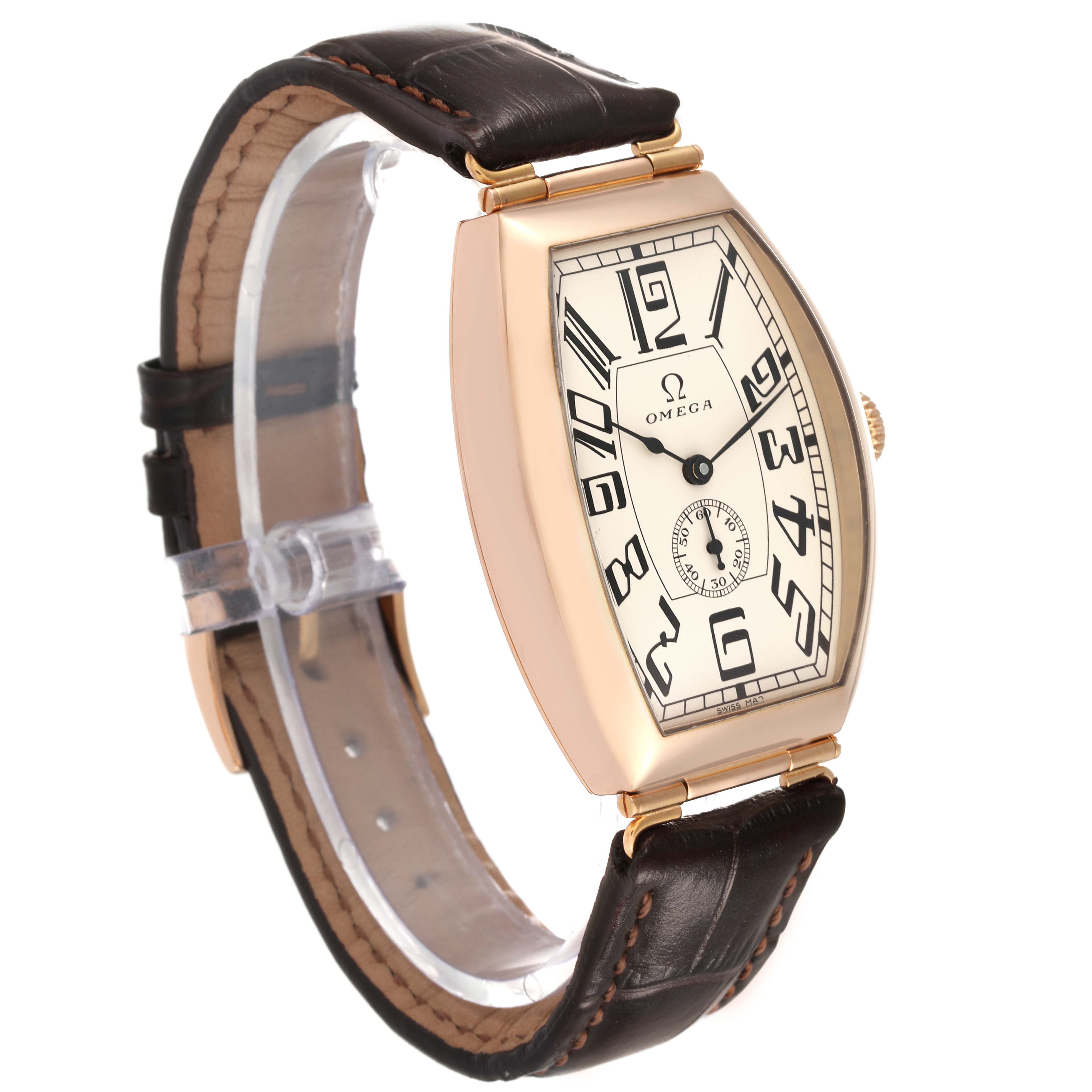 The image shows a side angle of the Omega Museum 5703.30.01 Men
s Rose Gold Beige Dial 5703.30.01 Men
s Rose Gold Beige Dial model watch, highlighting its dial, case, and leather strap.