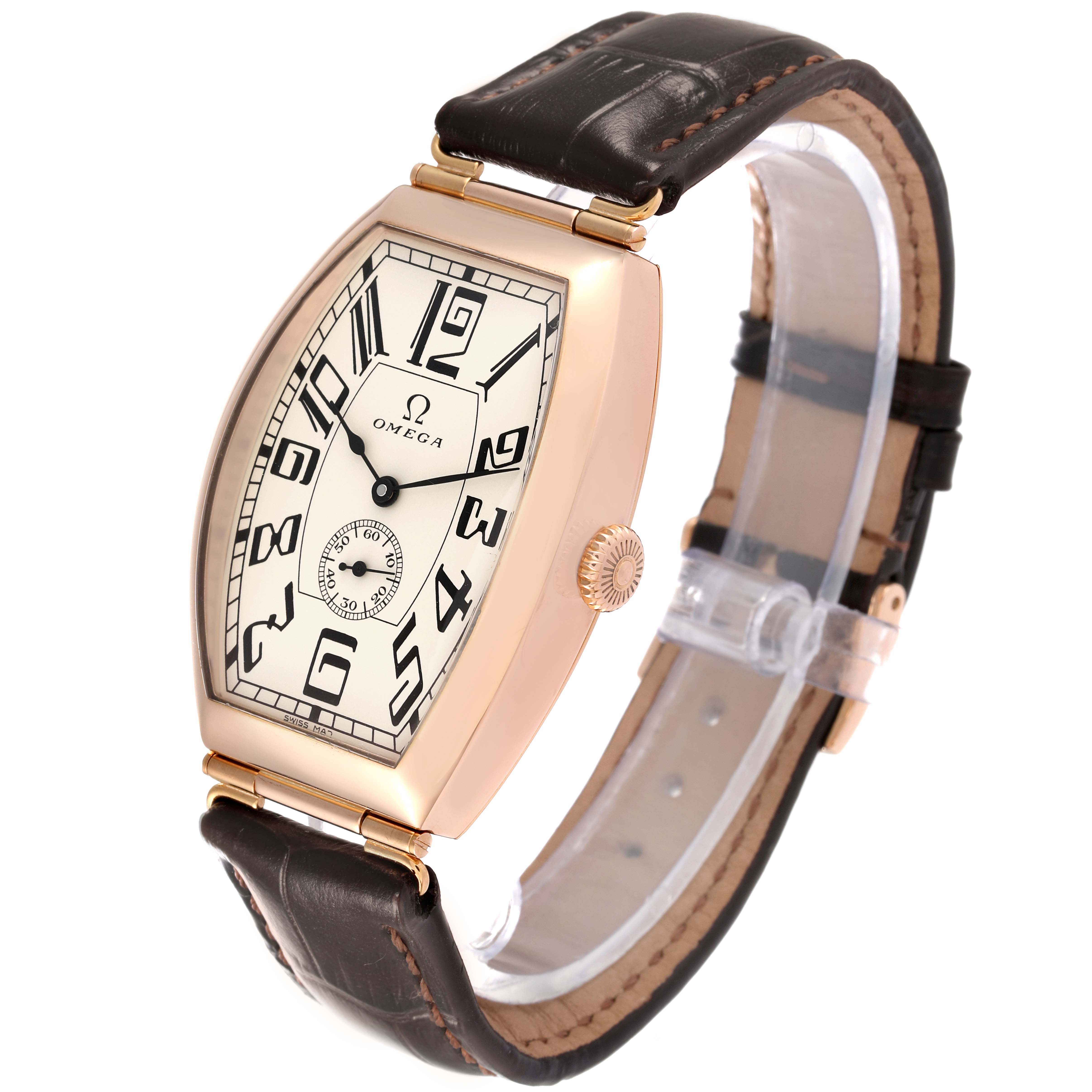 This is a Museum model by Omega showing a frontal view of the watch face, dial, and leather strap.