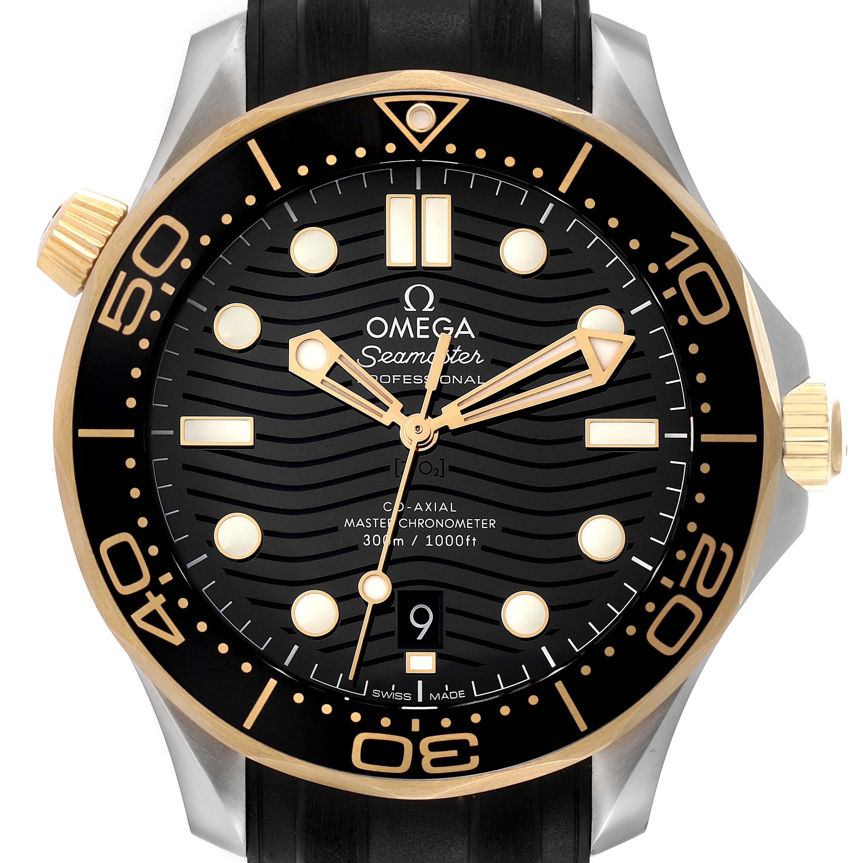 The image shows a front view of the Omega Seamaster 210.22.42.20.01.001 Men's Steel and Gold (two tone) Black Dial 210.22.42.20.01.001 Men's Steel and Gold (two tone) Black Dial watch, displaying the face, bezel, hands, and part of the strap.