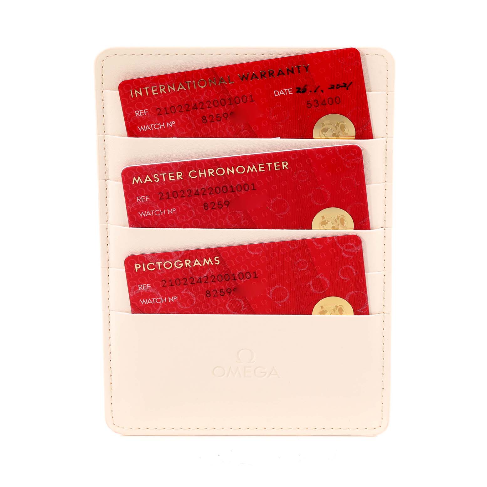 The image shows the warranty cards and certificates of authenticity for an Omega Seamaster 210.22.42.20.01.001 Men's Steel and Gold (two tone) Black Dial 210.22.42.20.01.001 Men's Steel and Gold (two tone) Black Dial watch.