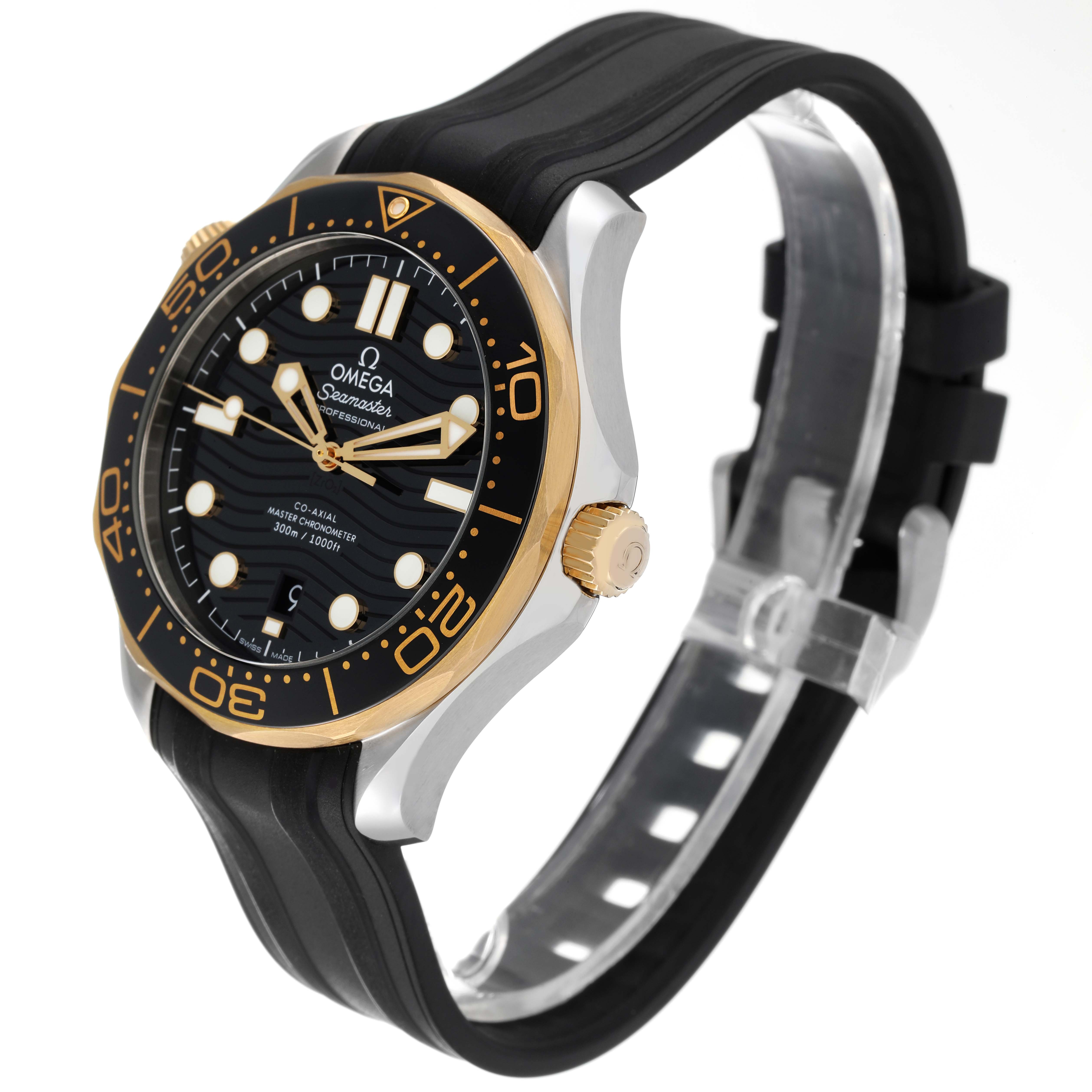 The image shows an Omega Seamaster 210.22.42.20.01.001 Men's Steel and Gold (two tone) Black Dial 210.22.42.20.01.001 Men's Steel and Gold (two tone) Black Dial watch at a 45-degree angle, highlighting the bezel, dial, case, and a rubber strap.