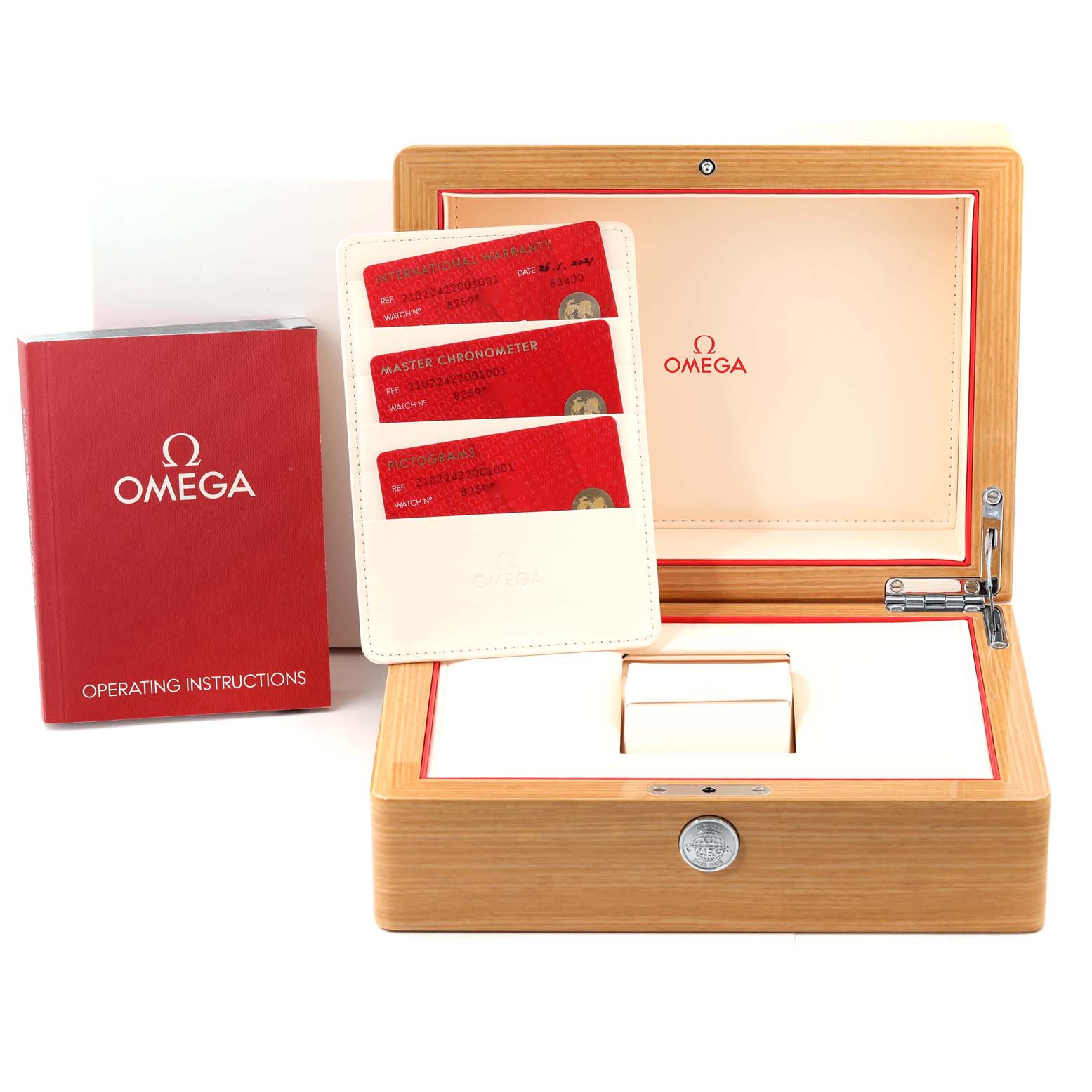 The image shows an Omega Seamaster 210.22.42.20.01.001 Men's Steel and Gold (two tone) Black Dial 210.22.42.20.01.001 Men's Steel and Gold (two tone) Black Dial watch box, warranty cards, and operating instructions from a front angle.