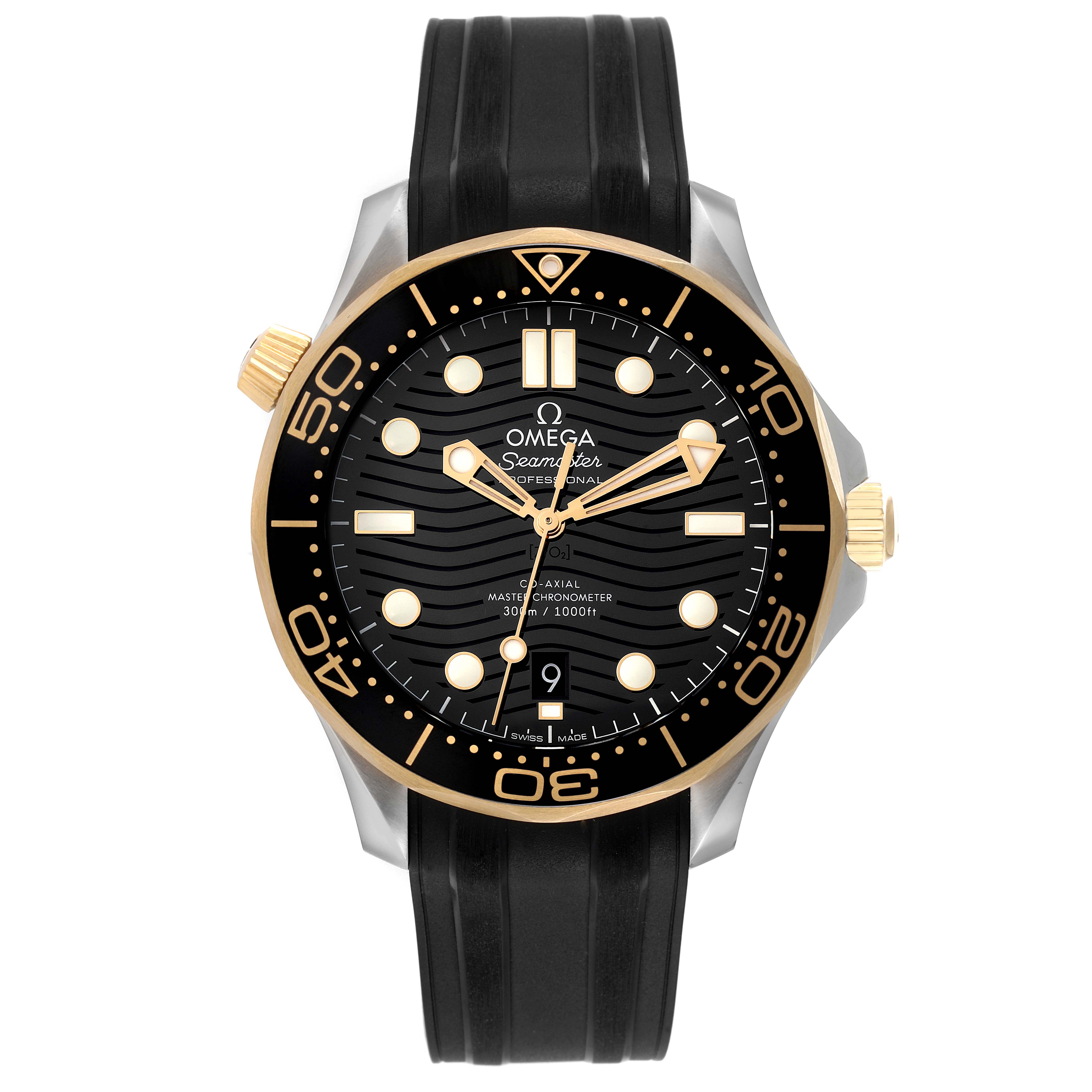 The image shows a front view of the Omega Seamaster 210.22.42.20.01.001 Men's Steel and Gold (two tone) Black Dial 210.22.42.20.01.001 Men's Steel and Gold (two tone) Black Dial watch with a black and gold bezel, black dial, and black rubber strap.