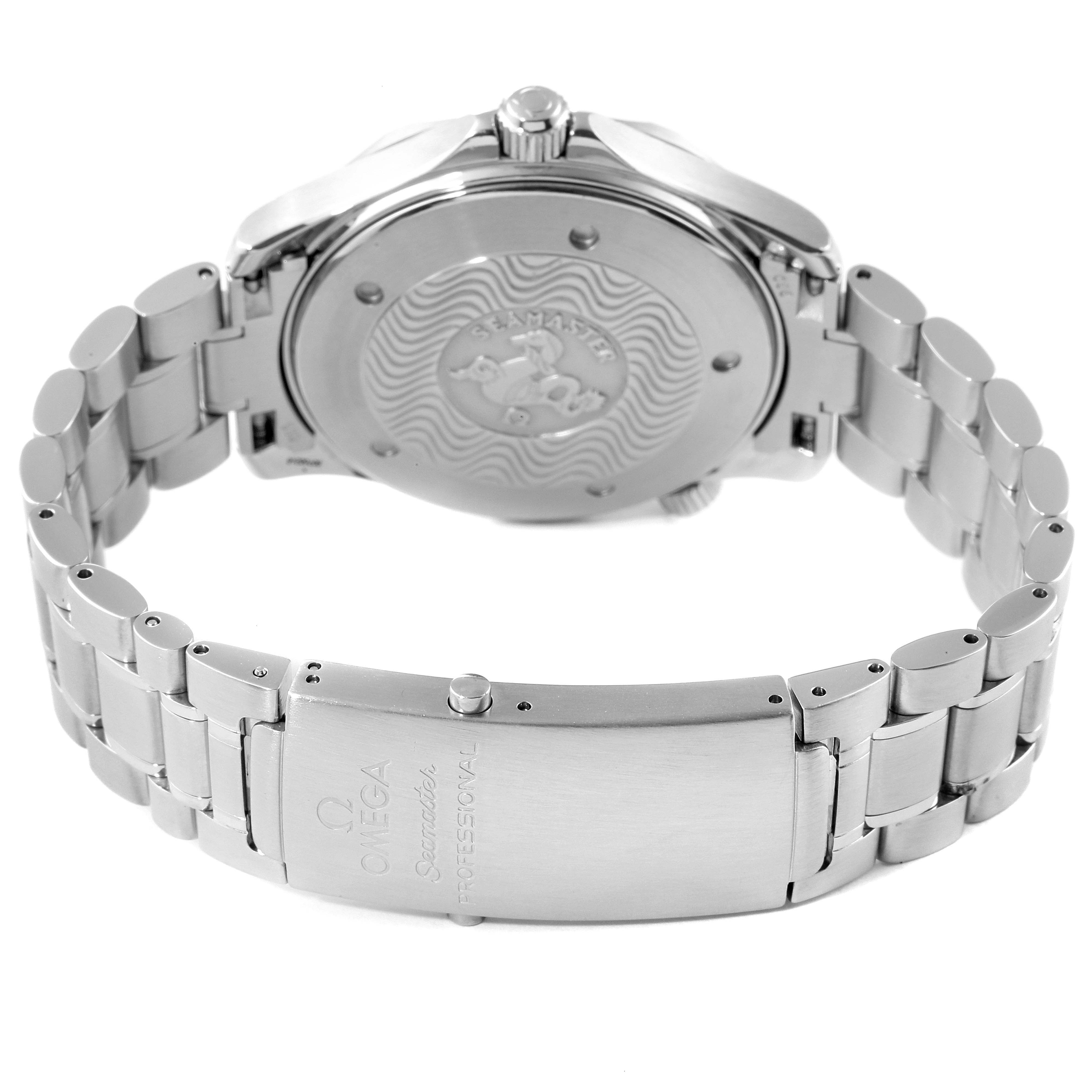 The image shows the back and clasp of an Omega Seamaster 2254.50.00 Men's Stainless Steel Black Dial 2254.50.00 Men's Stainless Steel Black Dial watch, highlighting the case back and metal bracelet.