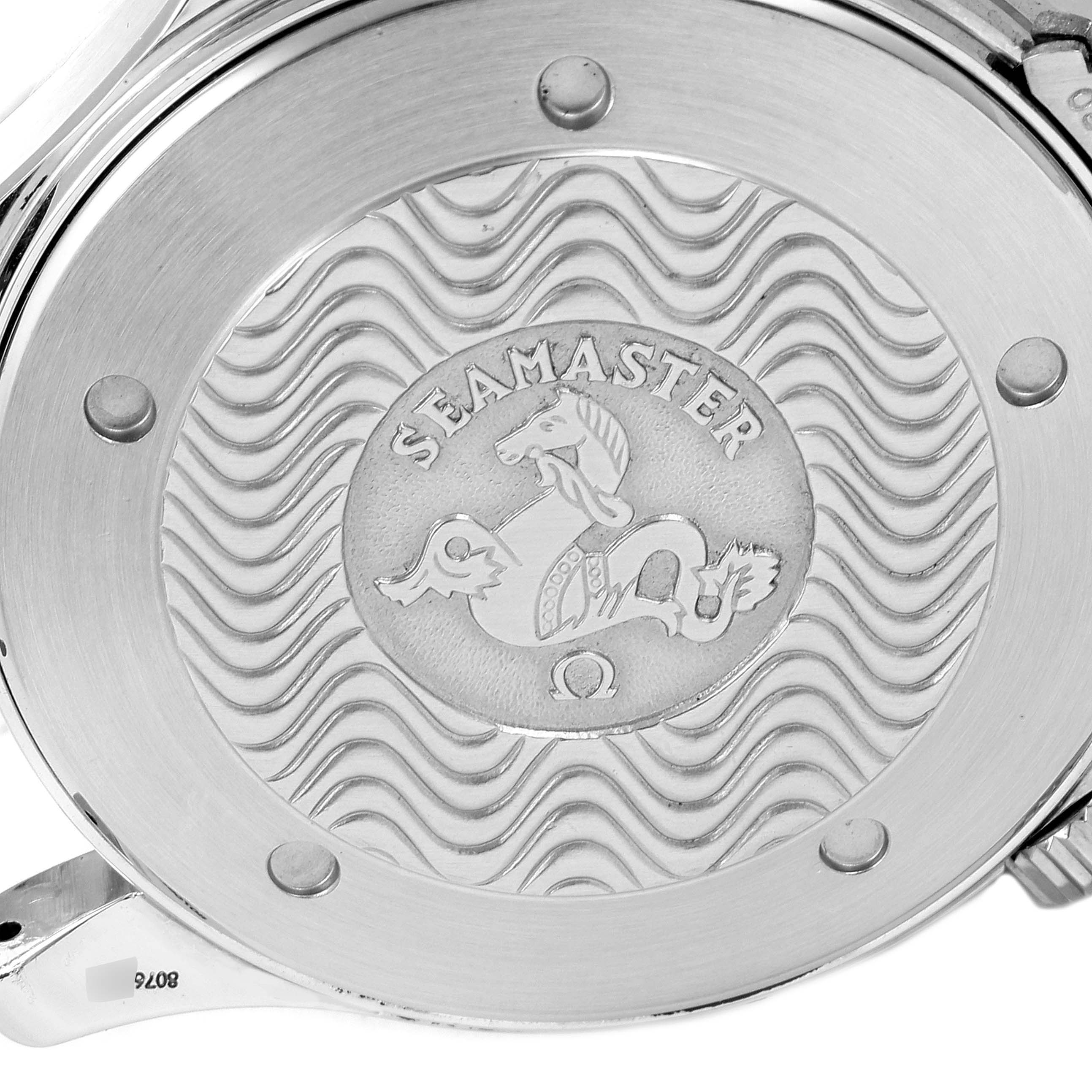 The image shows the back case of the Omega Seamaster 2254.50.00 Men's Stainless Steel Black Dial 2254.50.00 Men's Stainless Steel Black Dial watch, featuring the engraved Seamaster logo and wavy design.