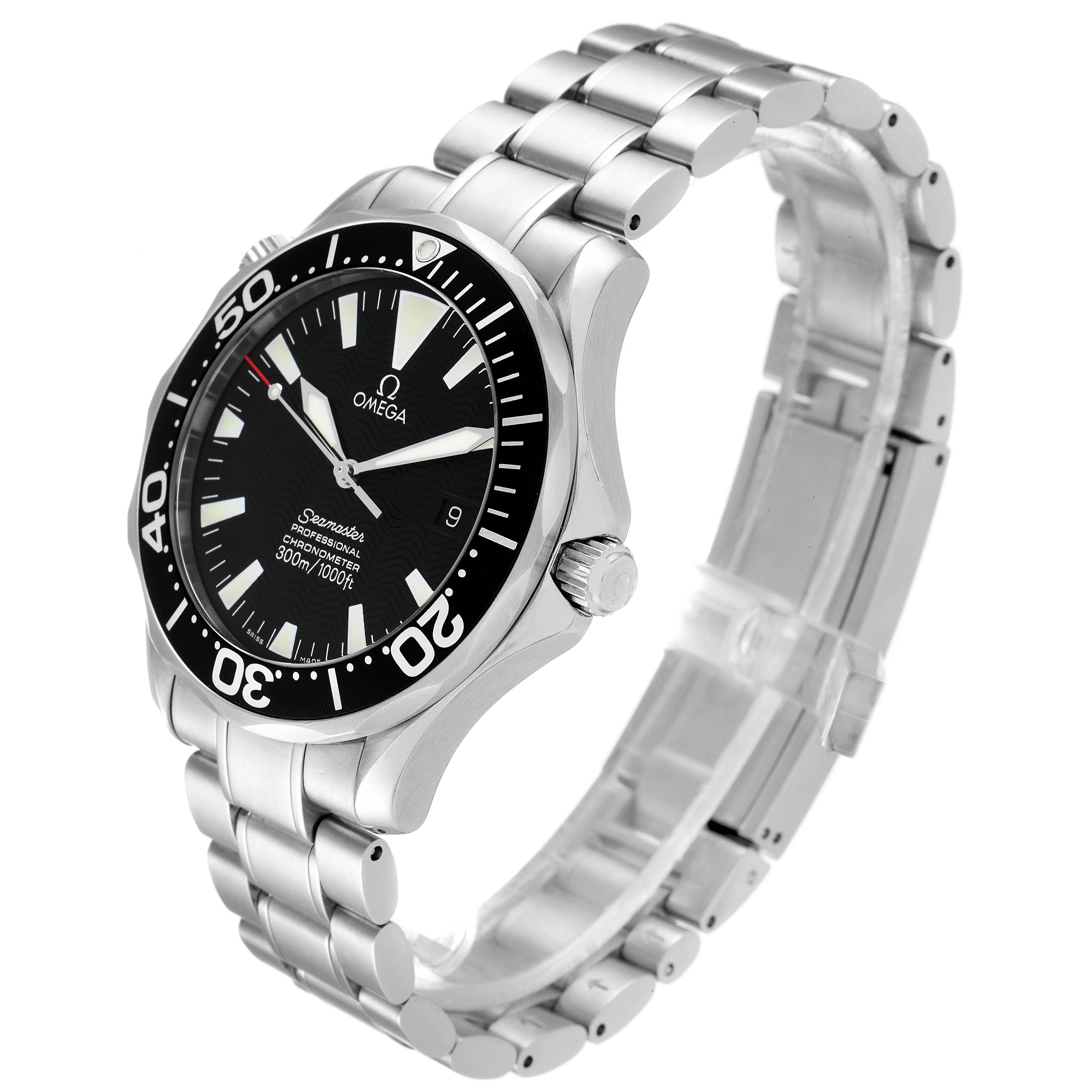 The Omega Seamaster 2254.50.00 Men's Stainless Steel Black Dial 2254.50.00 Men's Stainless Steel Black Dial watch is shown at an angle displaying the face, bezel, crown, and bracelet.