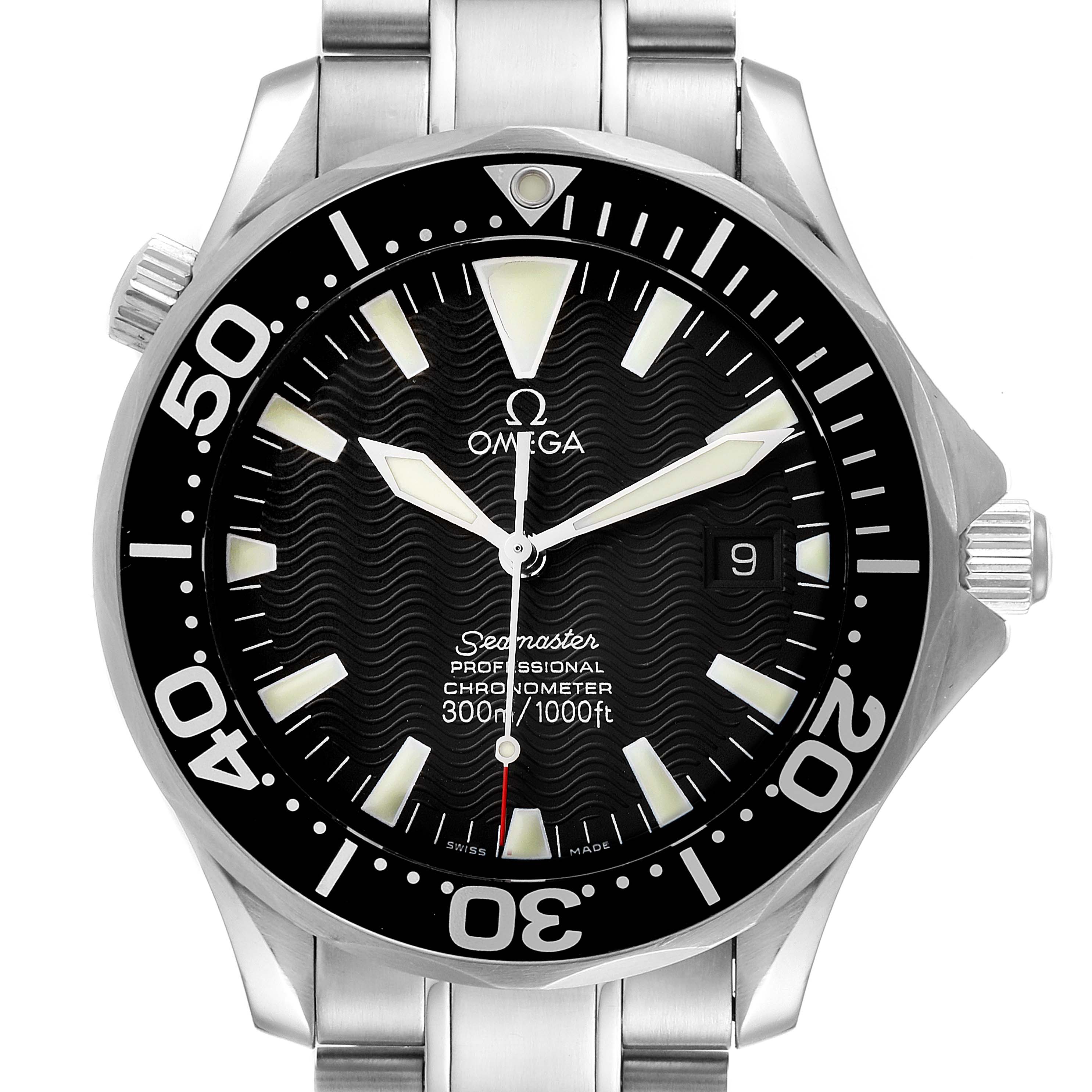 This image shows a front view of the Omega Seamaster 2254.50.00 Men's Stainless Steel Black Dial 2254.50.00 Men's Stainless Steel Black Dial watch, highlighting the dial, bezel, and part of the bracelet.