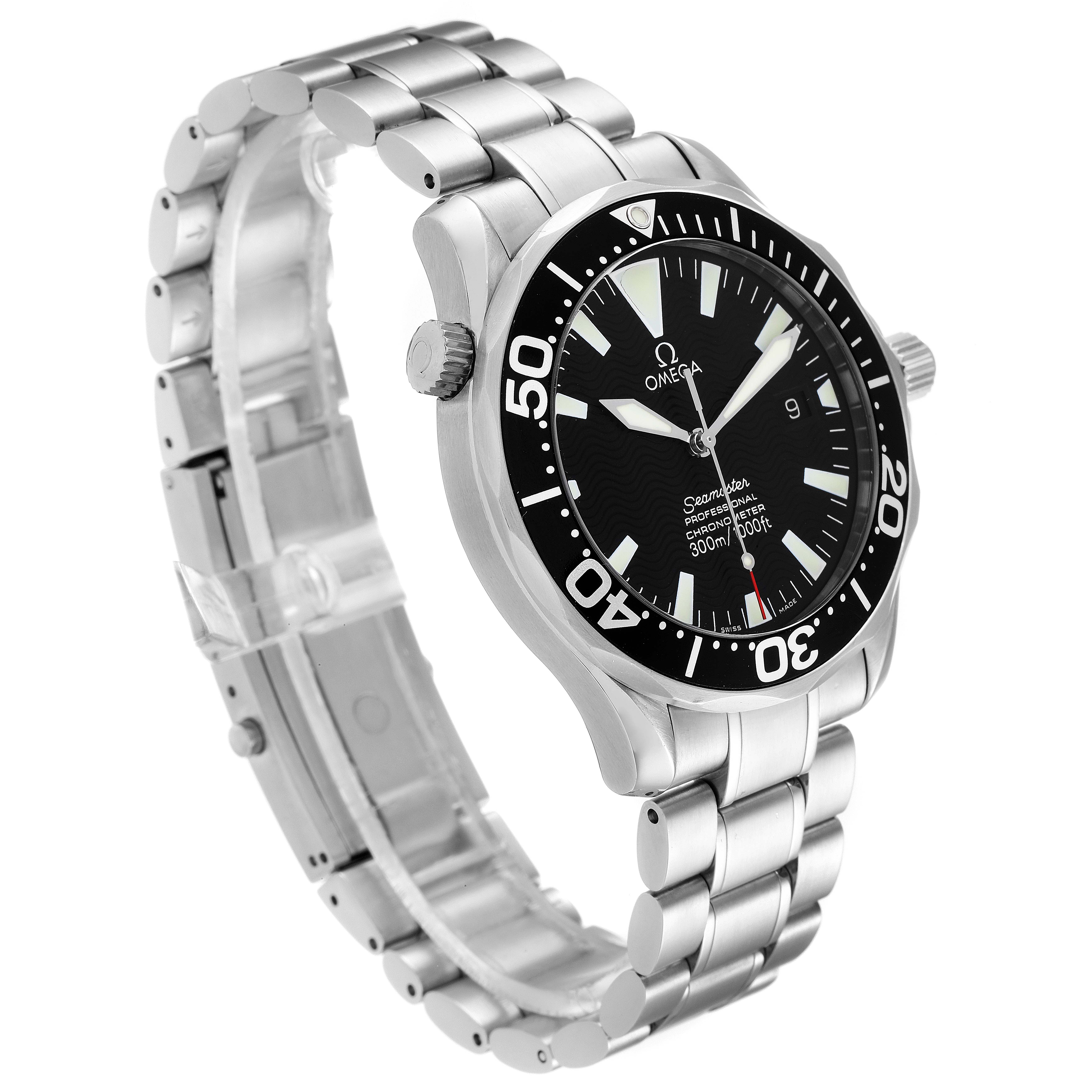 The image shows an Omega Seamaster 2254.50.00 Men's Stainless Steel Black Dial 2254.50.00 Men's Stainless Steel Black Dial watch at a three-quarter angle highlighting its stainless steel bracelet, bezel, and black dial.