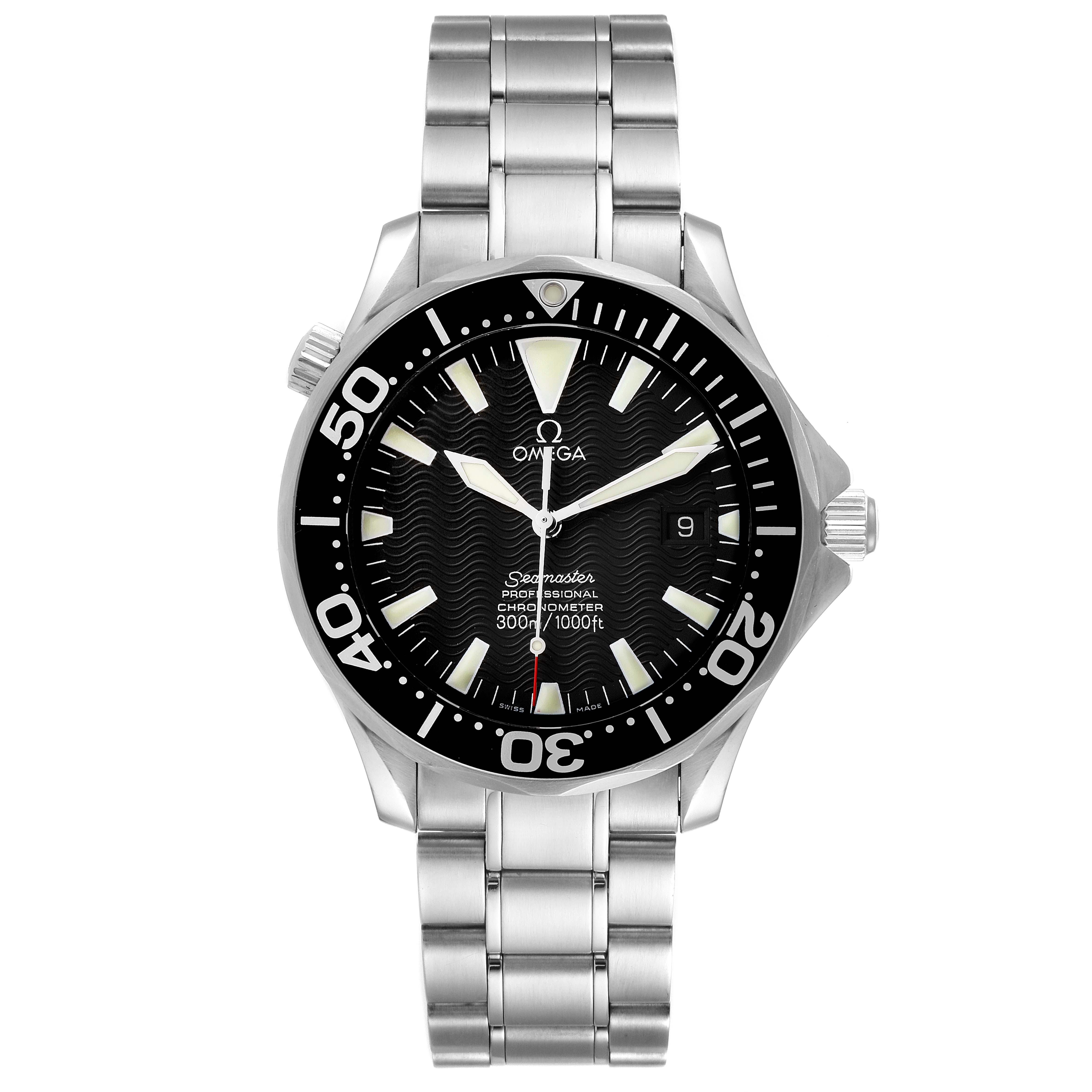 This image shows a front view of an Omega Seamaster 2254.50.00 Men's Stainless Steel Black Dial 2254.50.00 Men's Stainless Steel Black Dial watch, displaying the dial, bezel, crown, and metal bracelet.