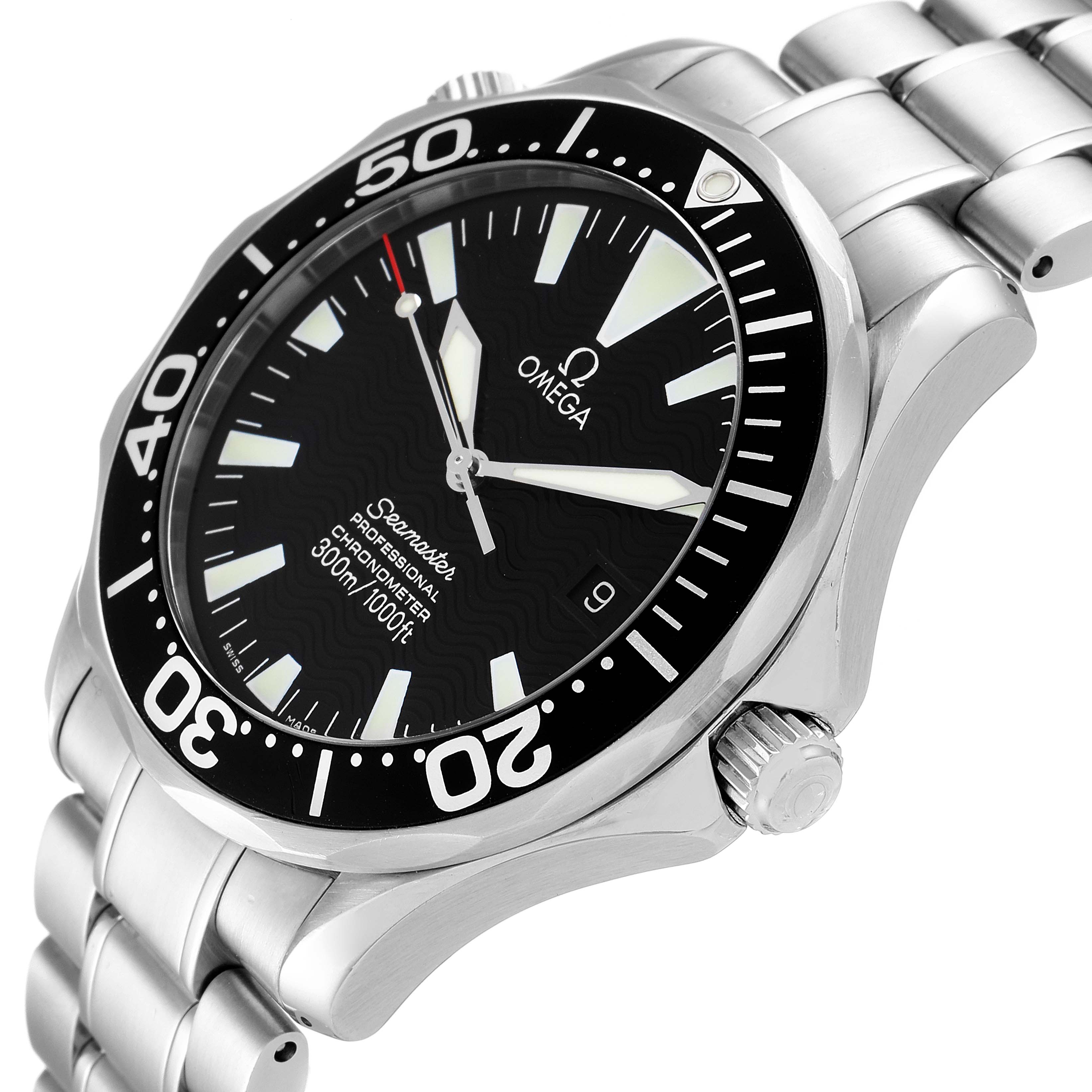 The image shows a side angle of an Omega Seamaster 2254.50.00 Men's Stainless Steel Black Dial 2254.50.00 Men's Stainless Steel Black Dial watch highlighting the face, bezel, crown, and bracelet.