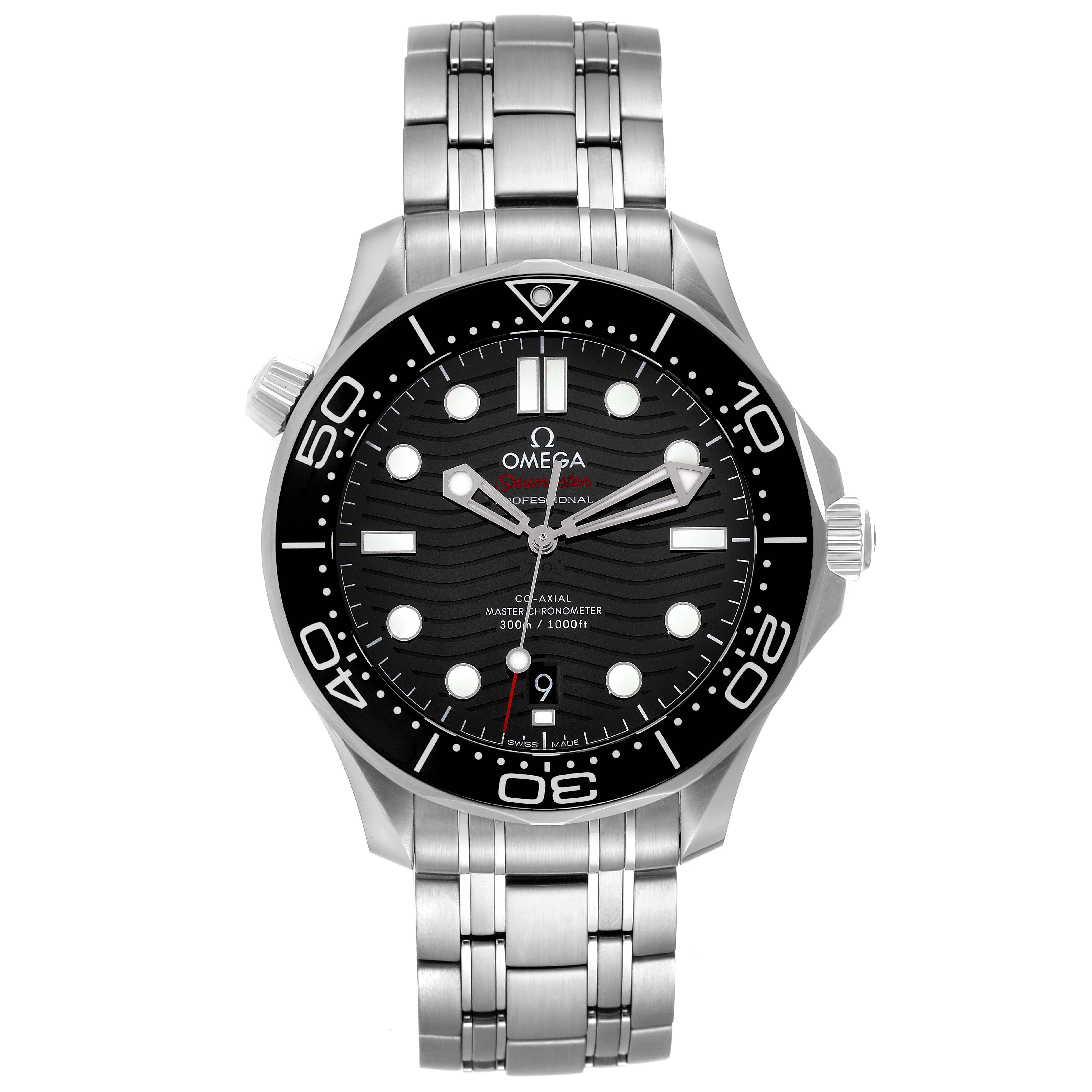 This image shows a front view of the Omega Seamaster 210.30.42.20.01.001 Men's Stainless Steel Black Dial 210.30.42.20.01.001 Men's Stainless Steel Black Dial watch, highlighting its black dial, bezel, and stainless steel bracelet.