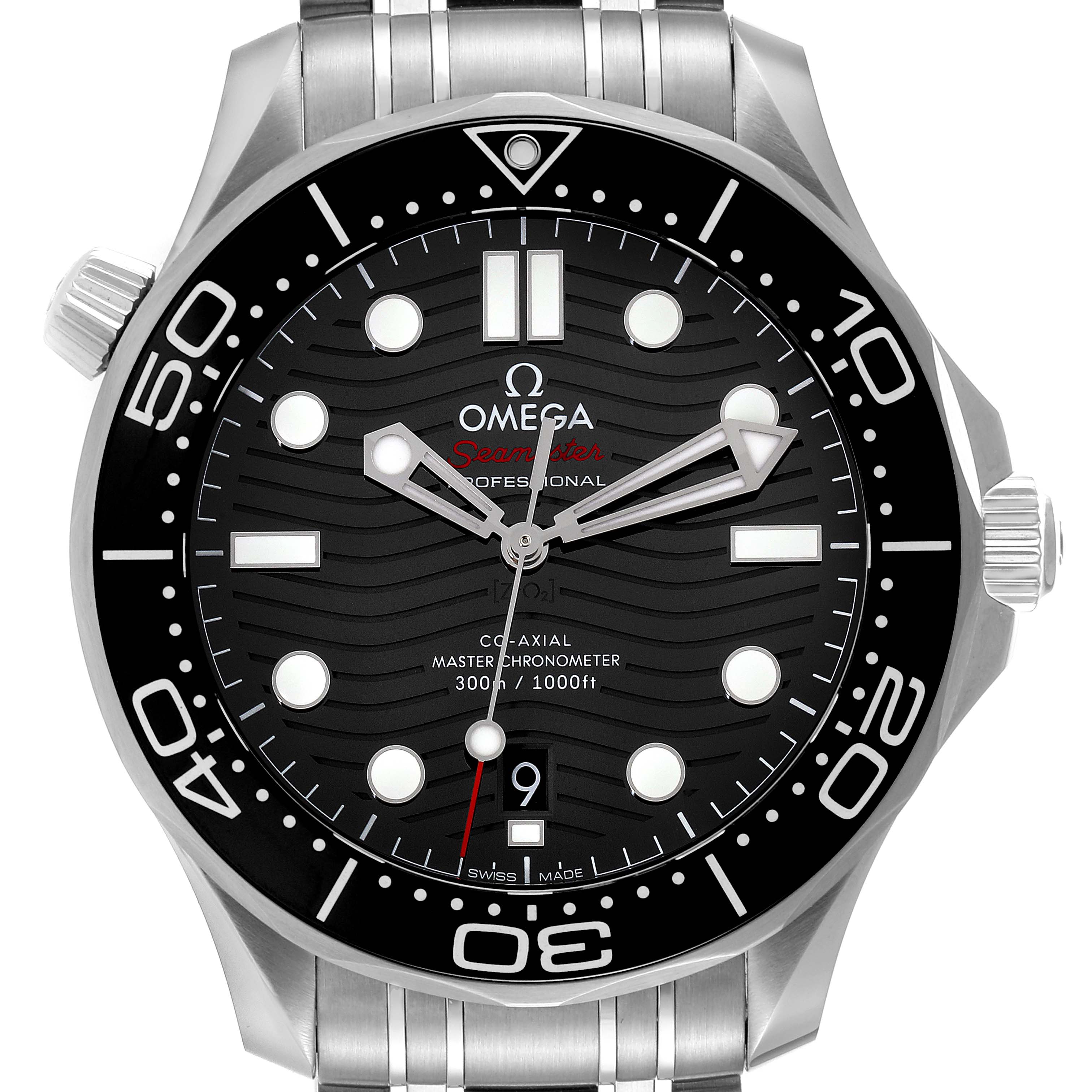 The Omega Seamaster 210.30.42.20.01.001 Men's Stainless Steel Black Dial 210.30.42.20.01.001 Men's Stainless Steel Black Dial watch is shown from the front, displaying the dial, bezel, and part of the metal bracelet.