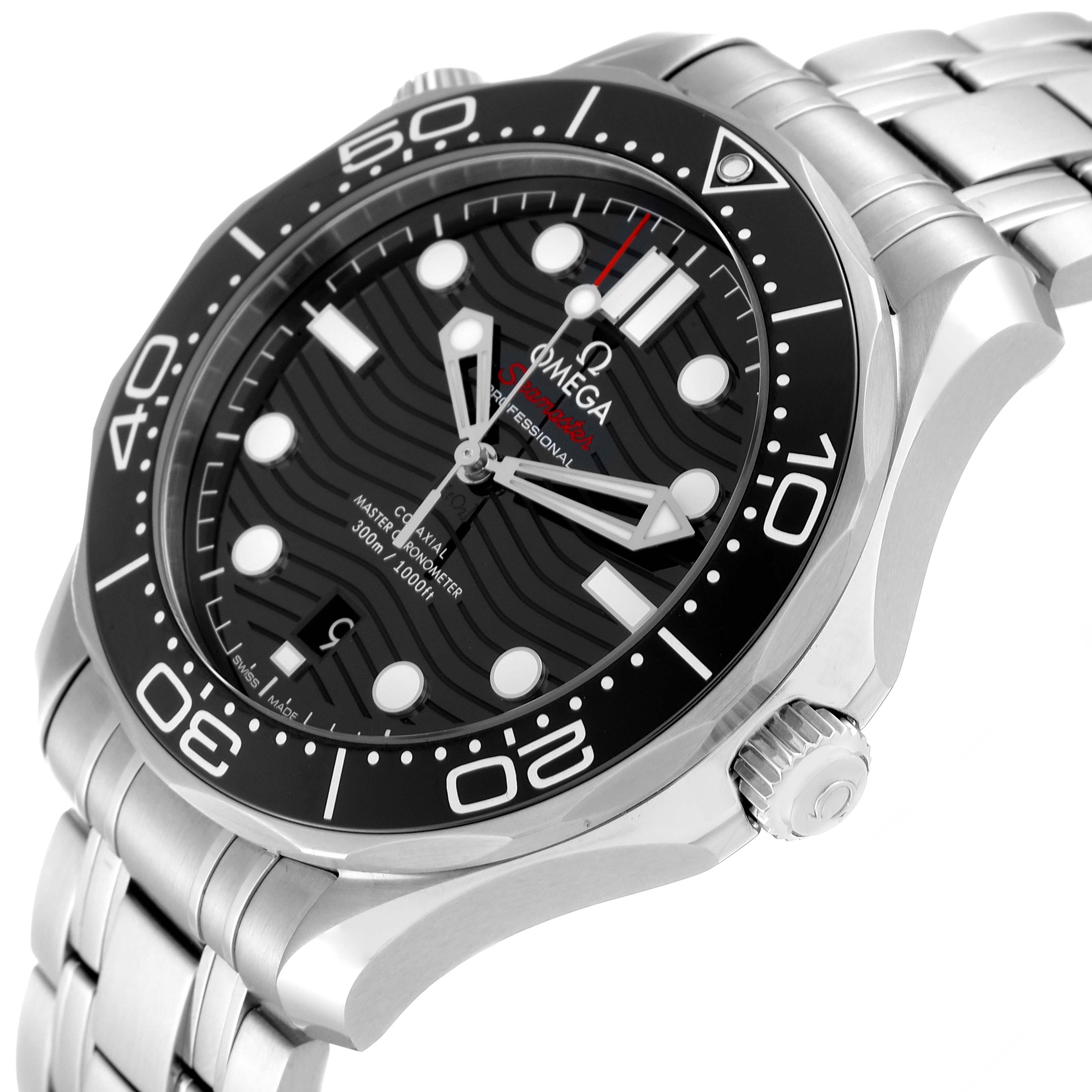 This Omega Seamaster 210.30.42.20.01.001 Men's Stainless Steel Black Dial 210.30.42.20.01.001 Men's Stainless Steel Black Dial watch image shows a close-up of its dial, bezel, crown, and part of the stainless steel bracelet from an angled view.