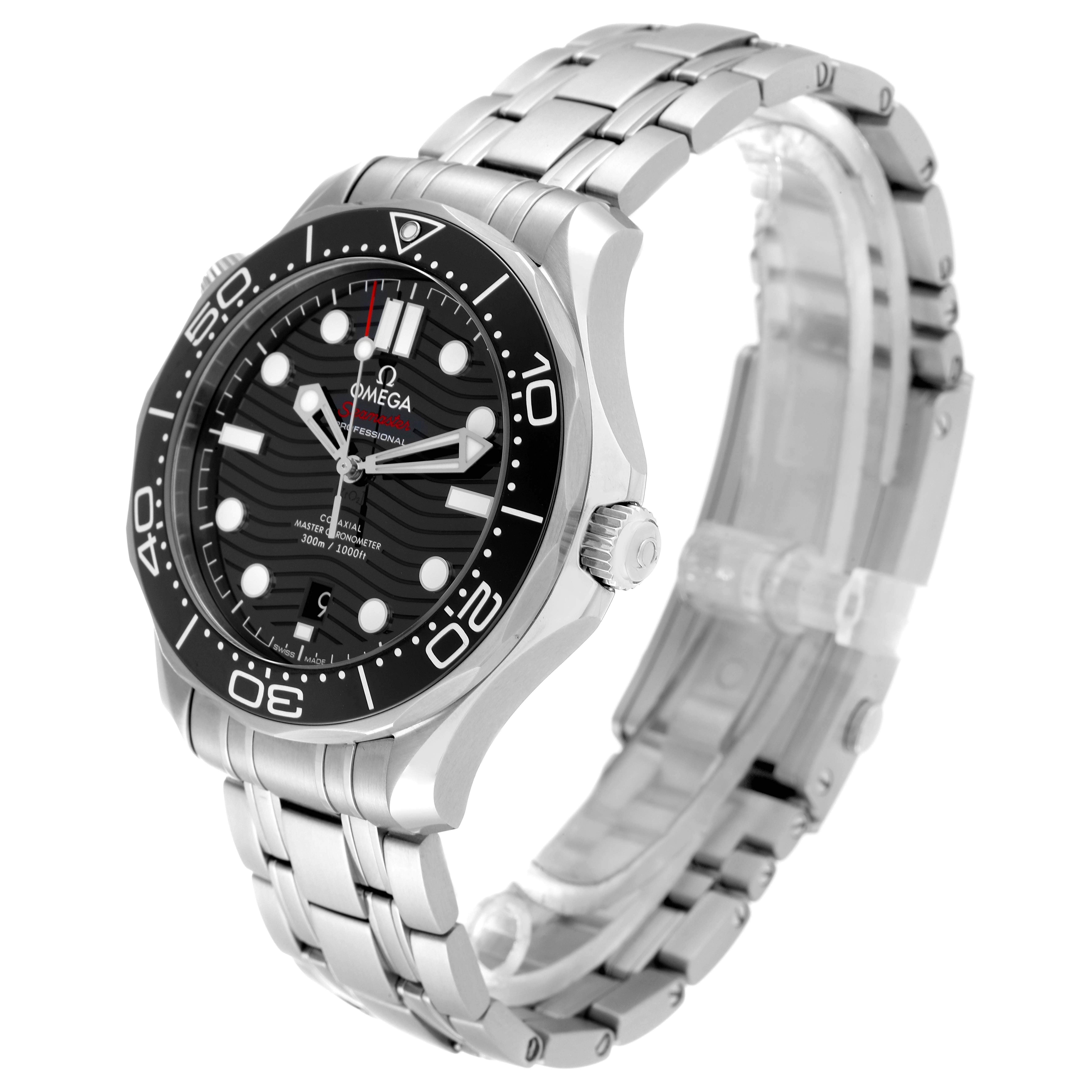 The Omega Seamaster 210.30.42.20.01.001 Men's Stainless Steel Black Dial 210.30.42.20.01.001 Men's Stainless Steel Black Dial watch is shown at a three-quarter angle displaying the face, bezel, crown, and stainless steel bracelet.