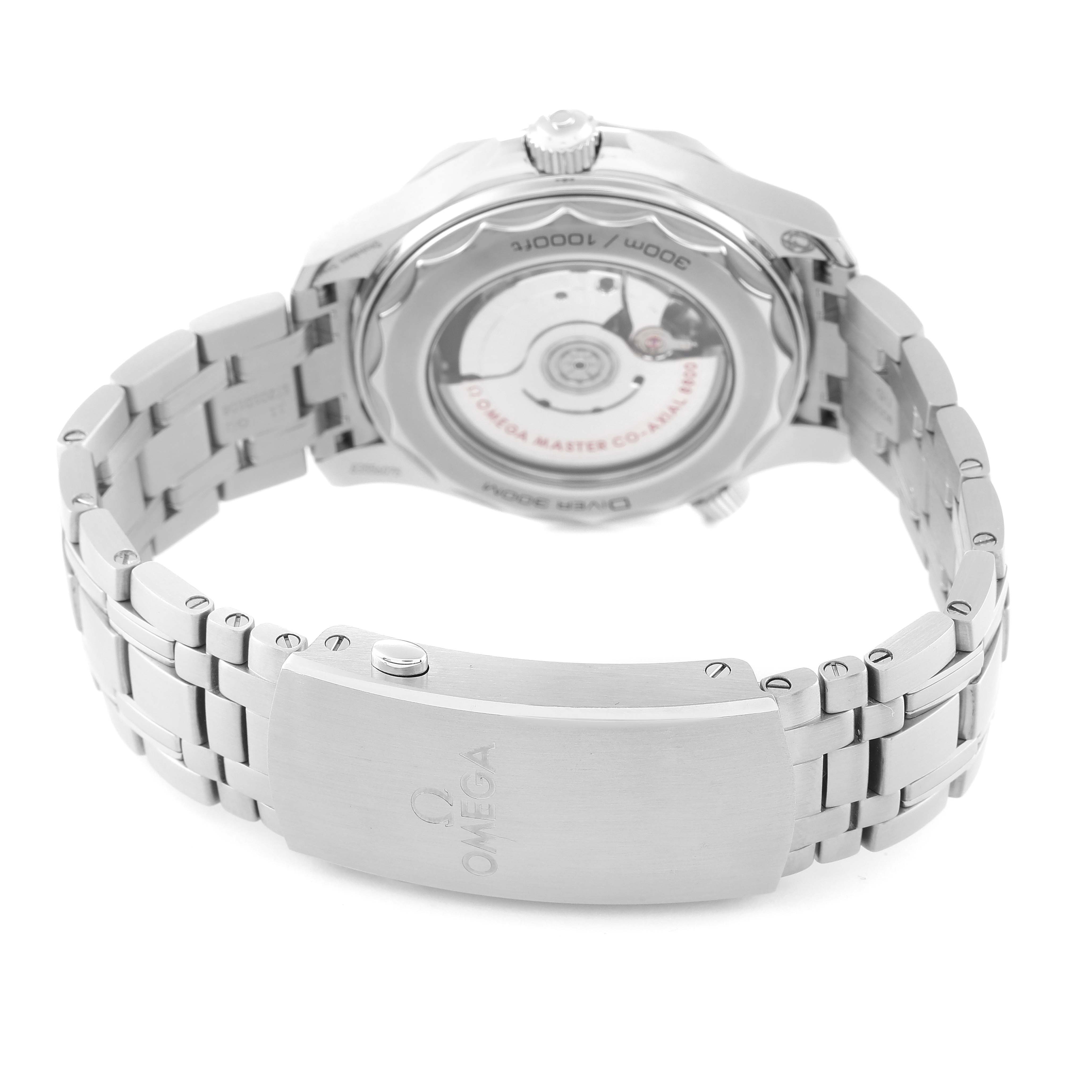 The image shows the back and bracelet of the Omega Seamaster 210.30.42.20.01.001 Men's Stainless Steel Black Dial 210.30.42.20.01.001 Men's Stainless Steel Black Dial watch, highlighting the clasp and the transparent case back.