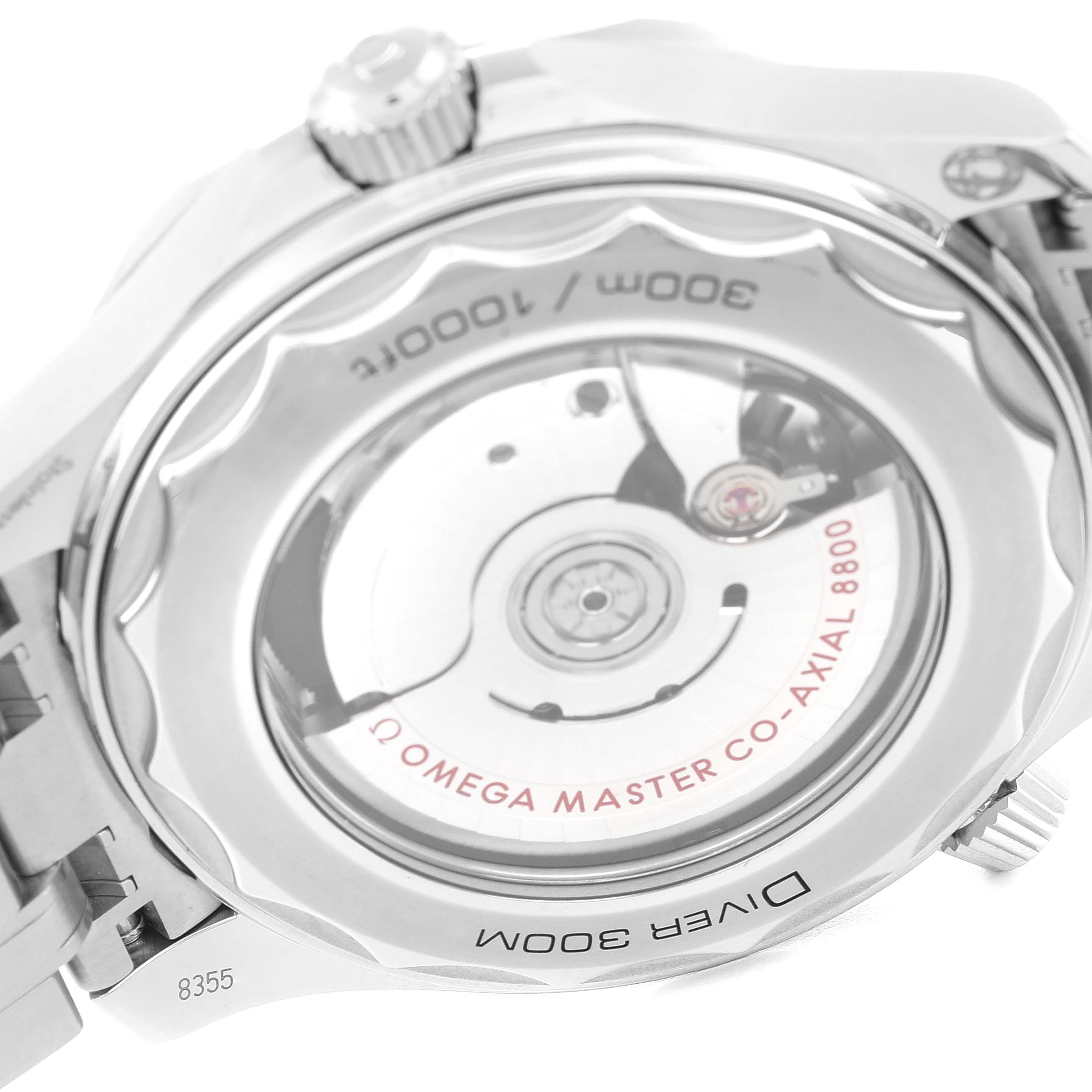 The image shows the back view of an Omega Seamaster 210.30.42.20.01.001 Men's Stainless Steel Black Dial 210.30.42.20.01.001 Men's Stainless Steel Black Dial watch, highlighting the movement and rotor mechanism.