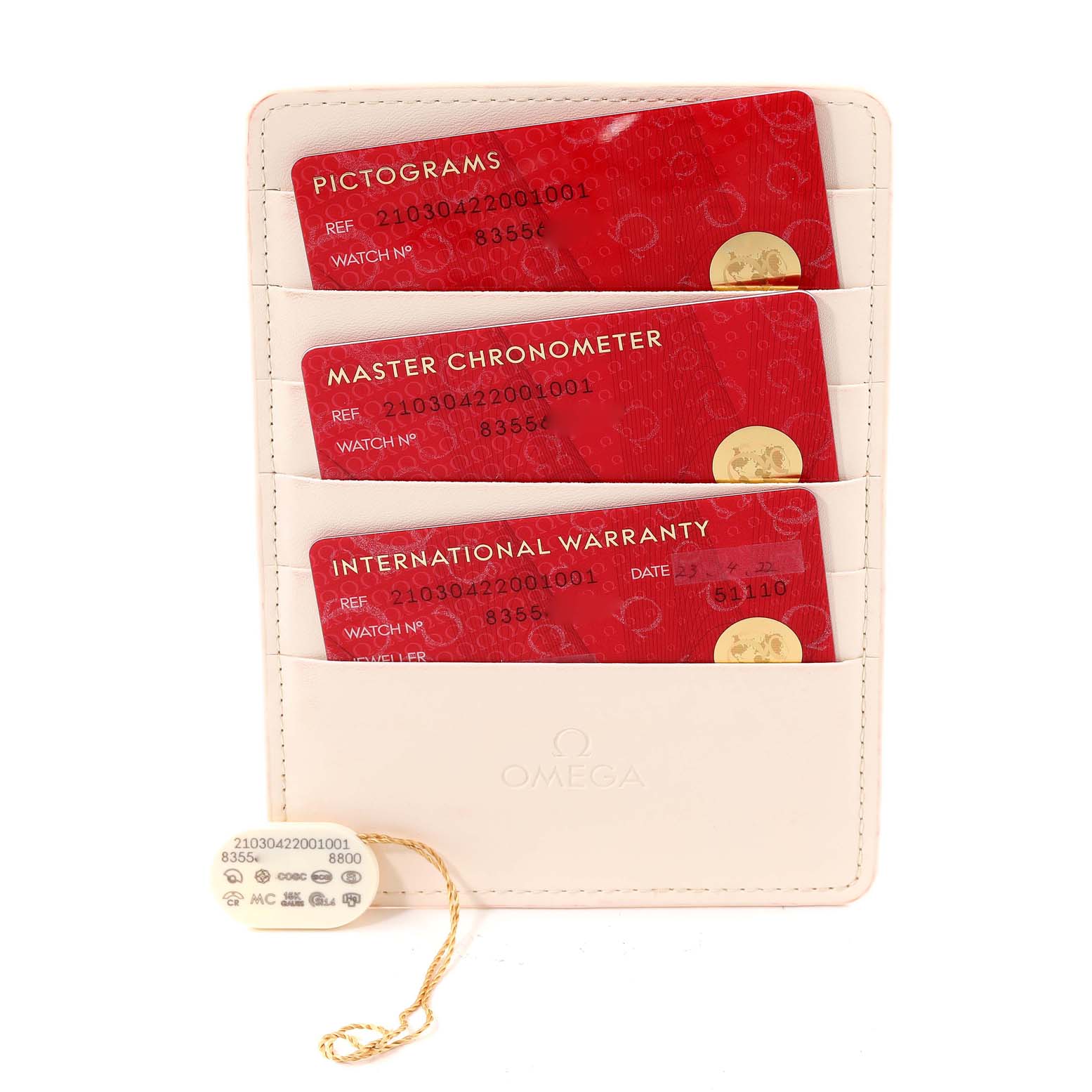 The image shows warranty cards and tags for the Omega Seamaster 210.30.42.20.01.001 Men's Stainless Steel Black Dial 210.30.42.20.01.001 Men's Stainless Steel Black Dial model, displayed inside a cardholder.