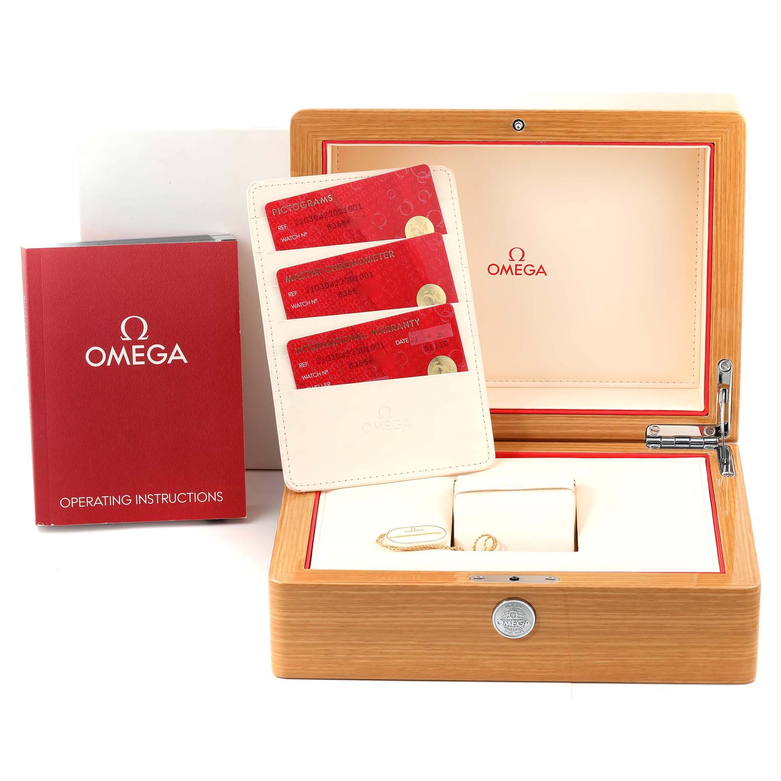 The image shows the Omega Seamaster 210.30.42.20.01.001 Men's Stainless Steel Black Dial 210.30.42.20.01.001 Men's Stainless Steel Black Dial watch box, operation manual, and authenticity cards.