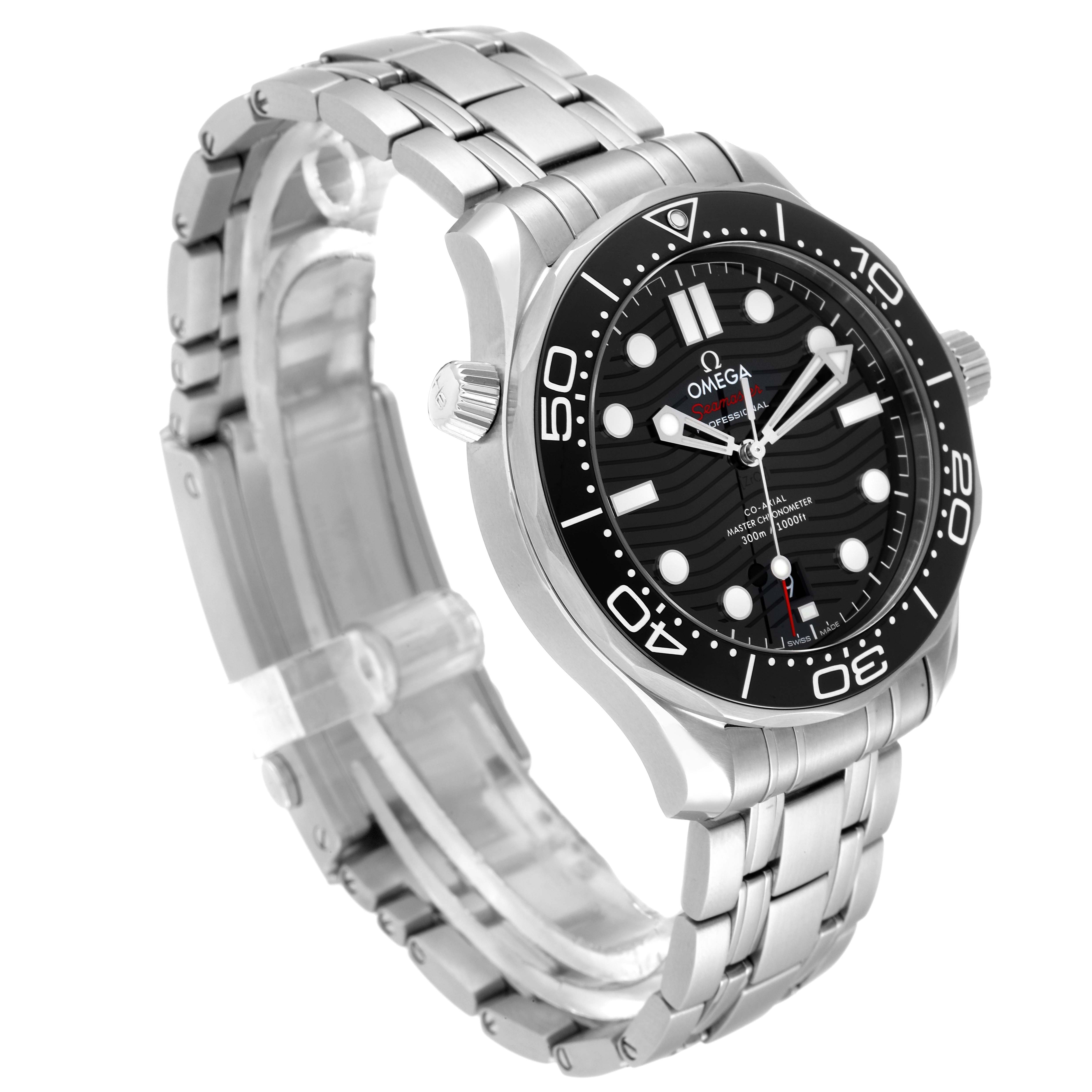 This Omega Seamaster 210.30.42.20.01.001 Men's Stainless Steel Black Dial 210.30.42.20.01.001 Men's Stainless Steel Black Dial watch is shown at a three-quarter angle, displaying the face, bezel, crown, and bracelet.