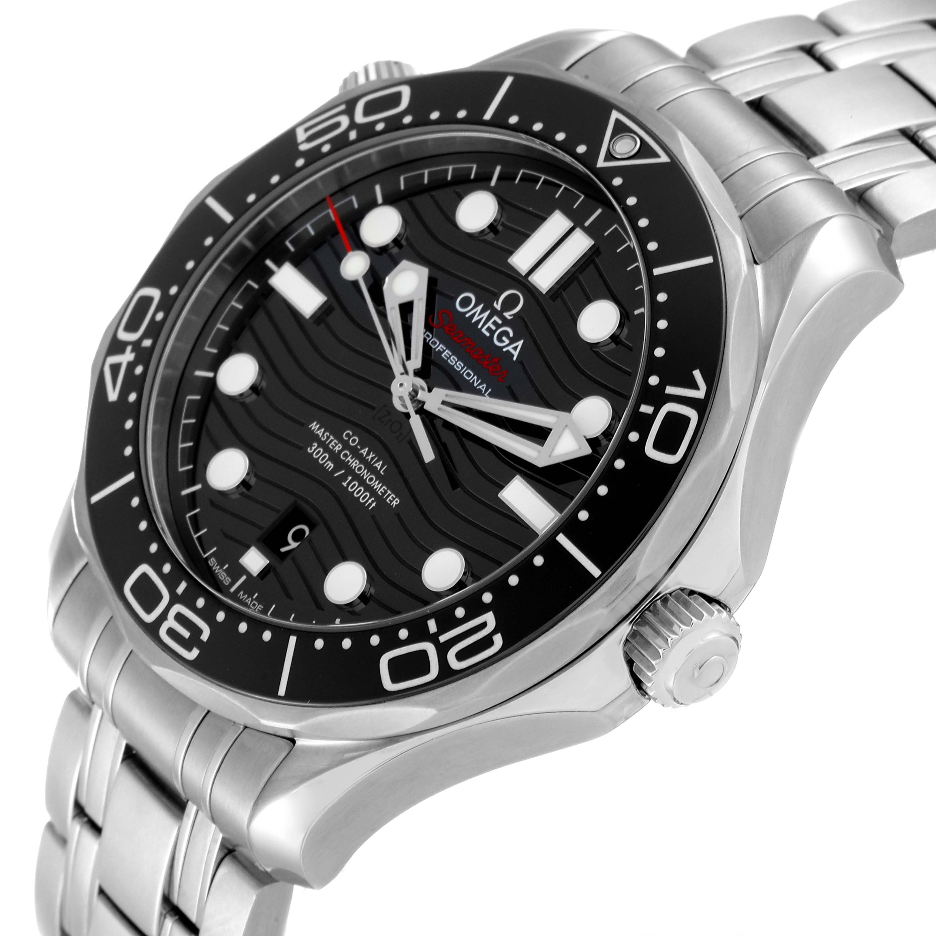 The image shows an angled view of the Omega Seamaster 210.30.42.20.01.001 Men's Stainless Steel Black Dial 210.30.42.20.01.001 Men's Stainless Steel Black Dial watch, displaying the face, bezel, crown, and part of the bracelet.