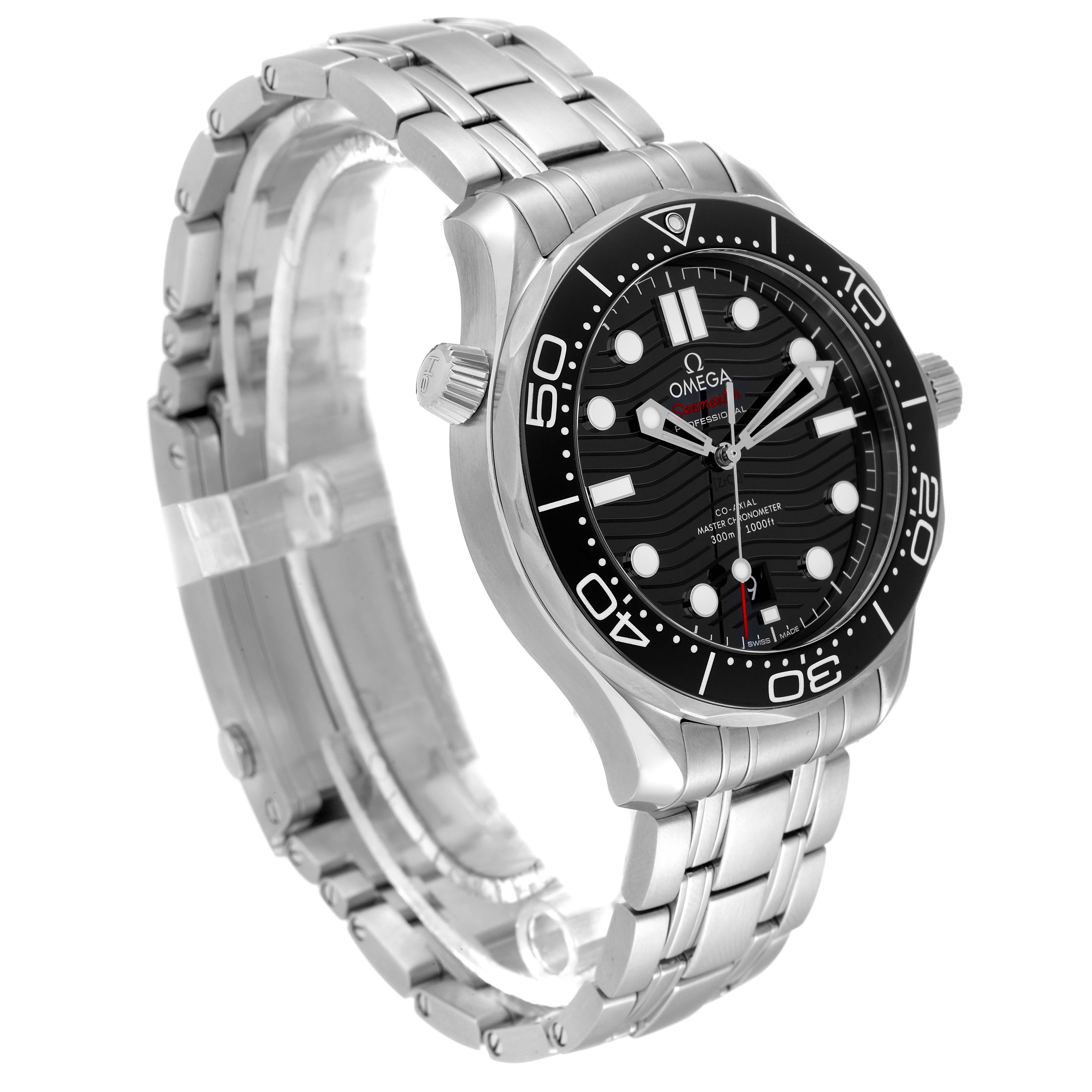 The image shows an angled side view of an Omega Seamaster 210.30.42.20.01.001 Men's Stainless Steel Black Dial 210.30.42.20.01.001 Men's Stainless Steel Black Dial watch, highlighting its stainless steel bracelet, dial, and bezel.