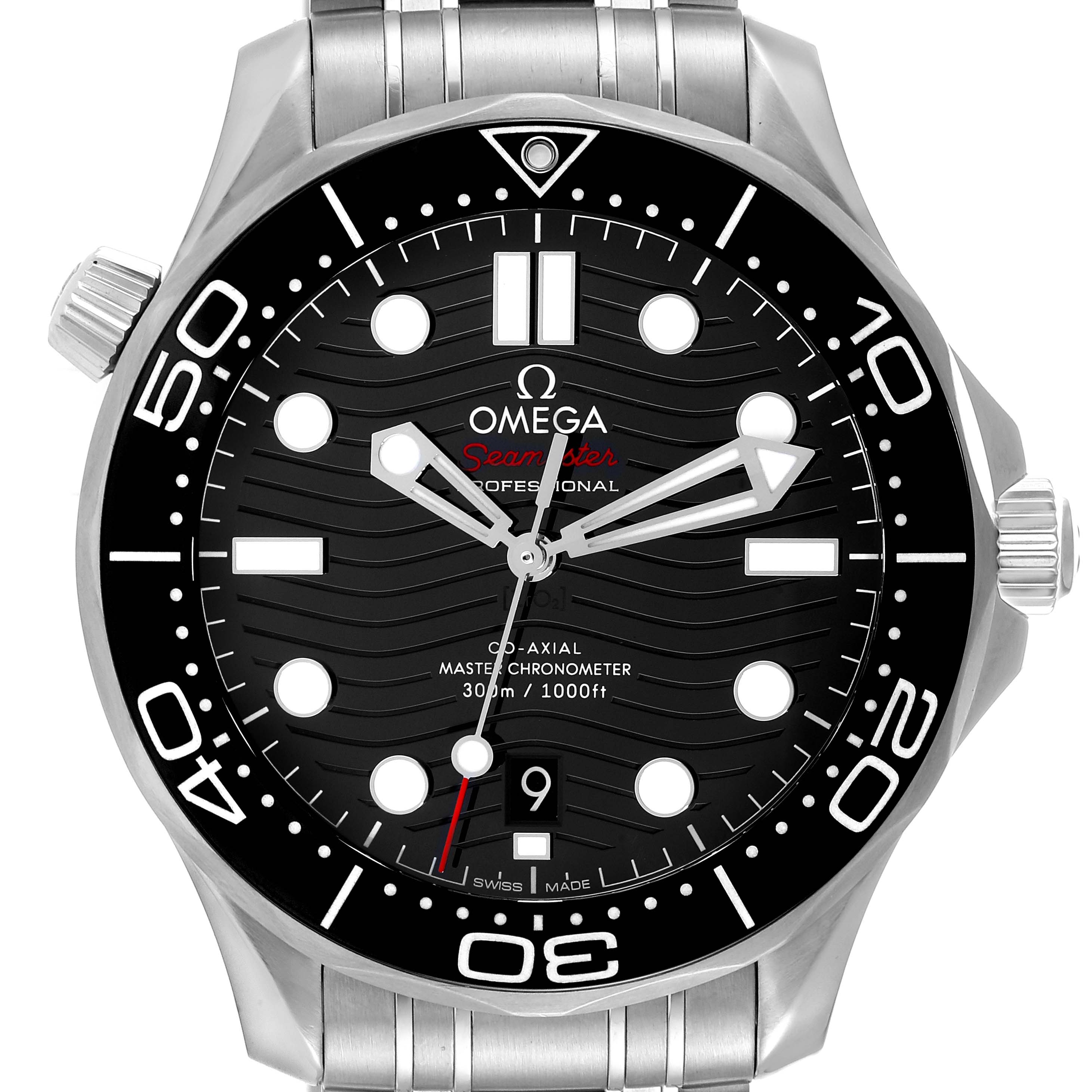 The image shows a front view of the Omega Seamaster 210.30.42.20.01.001 Men's Stainless Steel Black Dial 210.30.42.20.01.001 Men's Stainless Steel Black Dial watch, displaying the dial, bezel, hands, and bracelet.