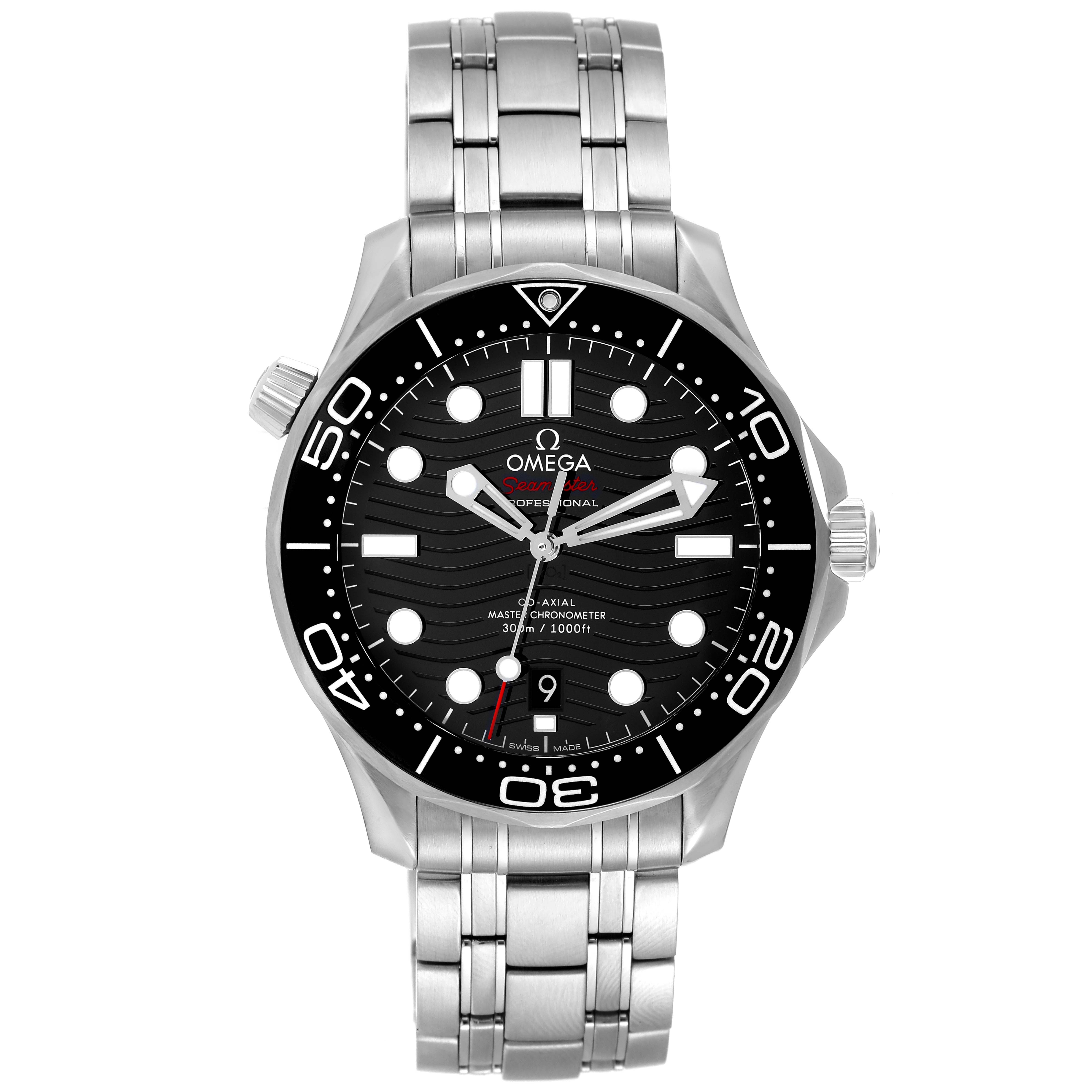 This image shows a front view of the Omega Seamaster 210.30.42.20.01.001 Men's Stainless Steel Black Dial 210.30.42.20.01.001 Men's Stainless Steel Black Dial watch, highlighting the black dial, bezel, and stainless steel bracelet.