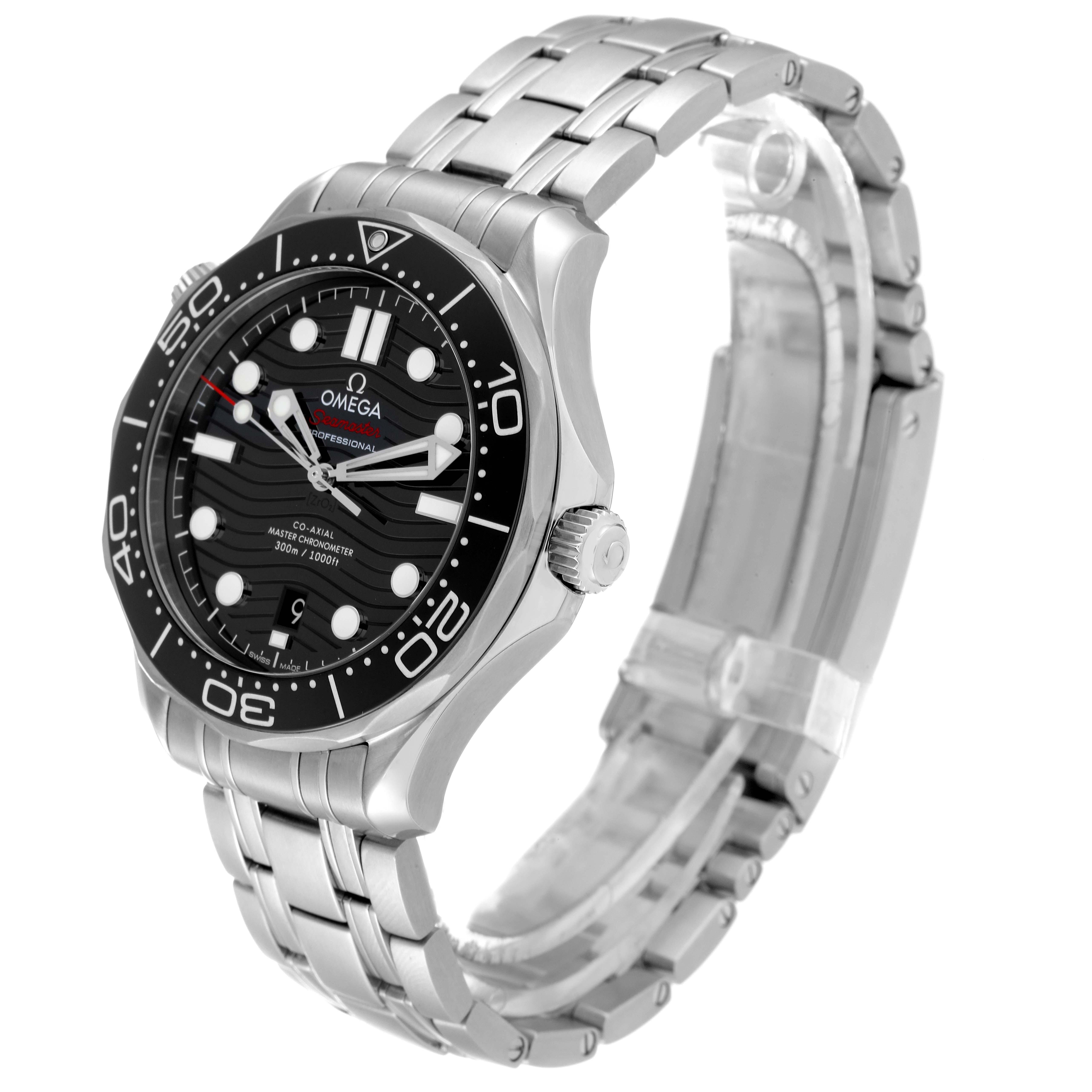 The Omega Seamaster 210.30.42.20.01.001 Men's Stainless Steel Black Dial 210.30.42.20.01.001 Men's Stainless Steel Black Dial watch is shown at an oblique top-right angle, highlighting the dial, bezel, and bracelet.