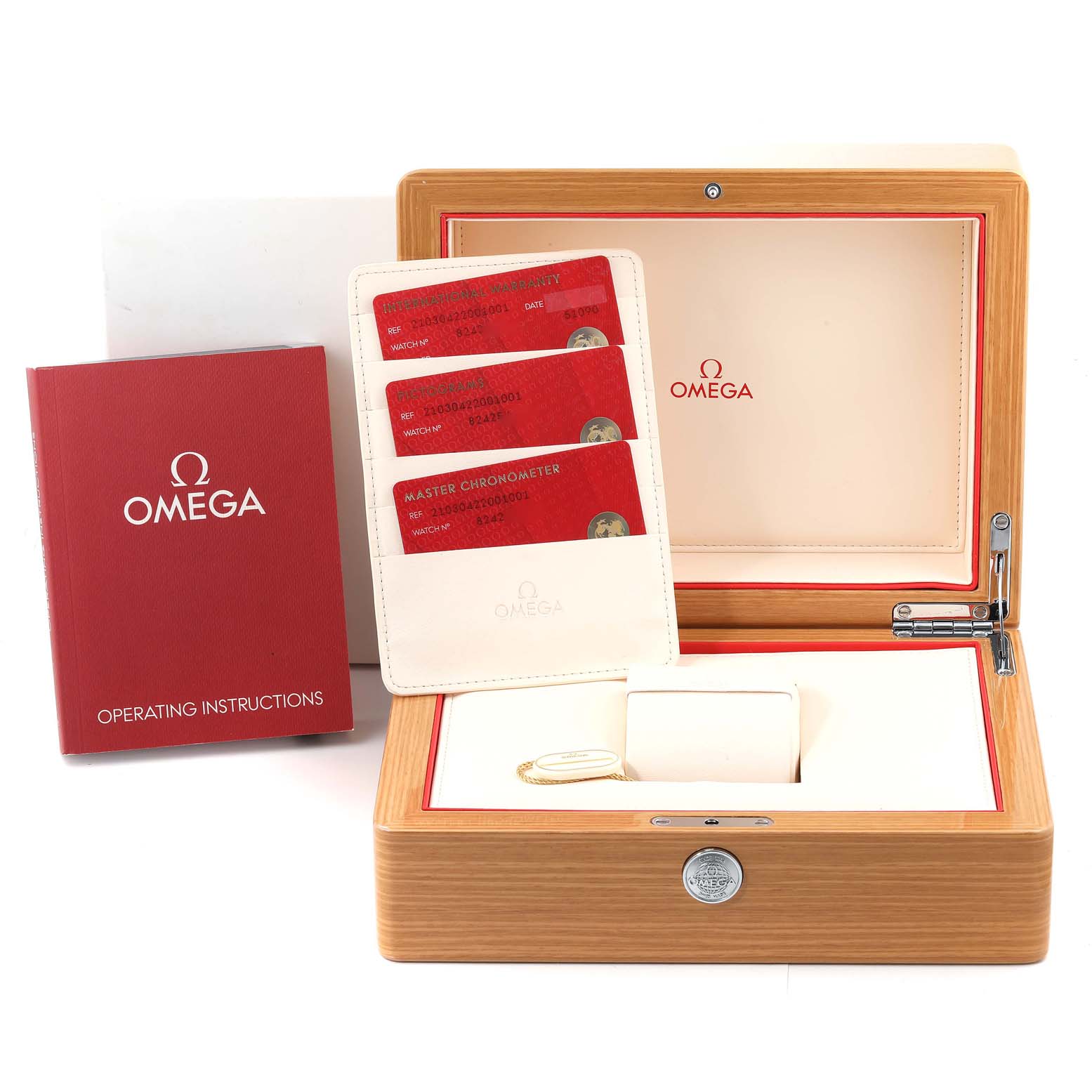 The image shows an Omega Seamaster 210.30.42.20.01.001 Men's Stainless Steel Black Dial 210.30.42.20.01.001 Men's Stainless Steel Black Dial watch box, operating instructions booklet, warranty cards, and a cardholder.