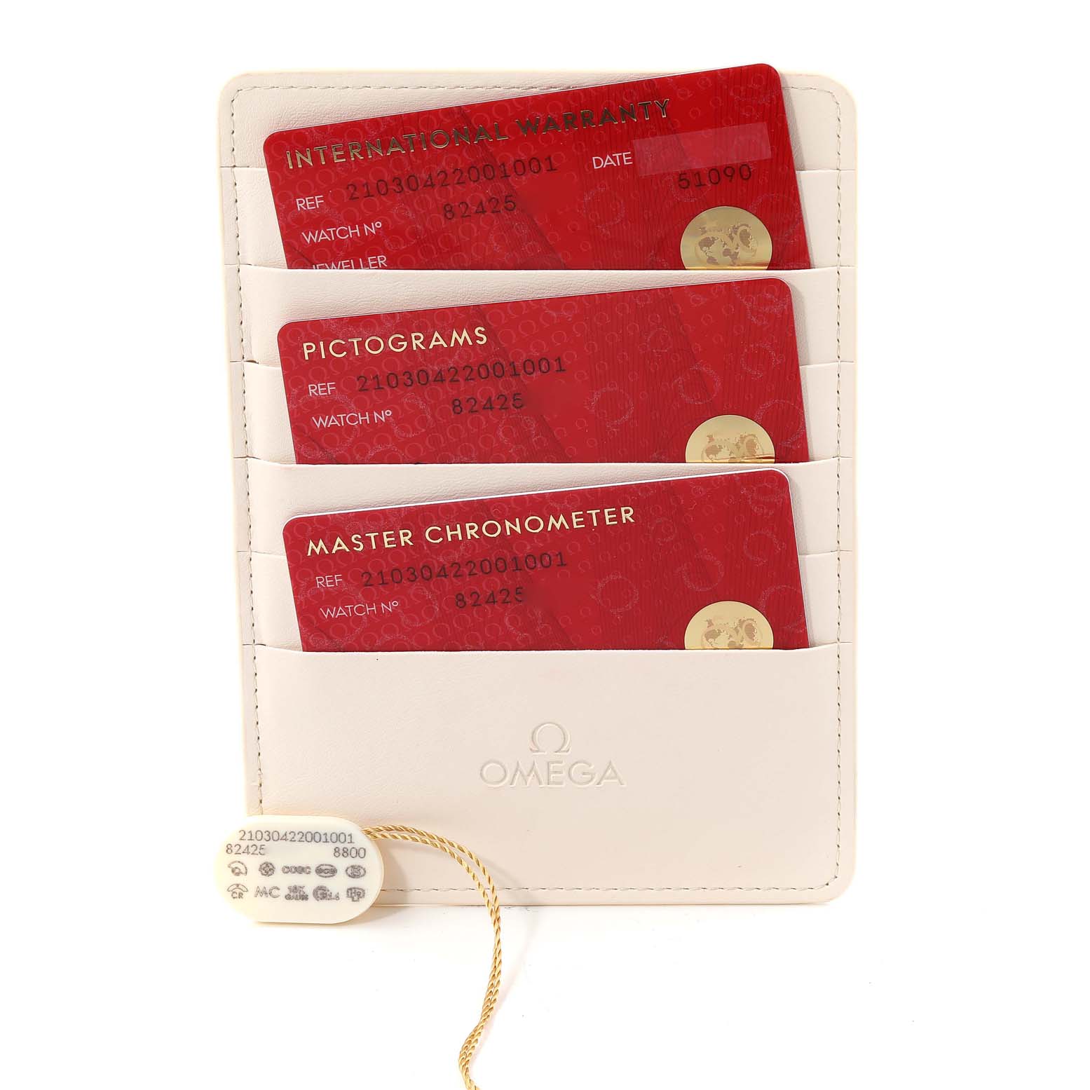 The image shows warranty cards and tags for the Omega Seamaster 210.30.42.20.01.001 Men's Stainless Steel Black Dial 210.30.42.20.01.001 Men's Stainless Steel Black Dial model, displayed in a white cardholder.