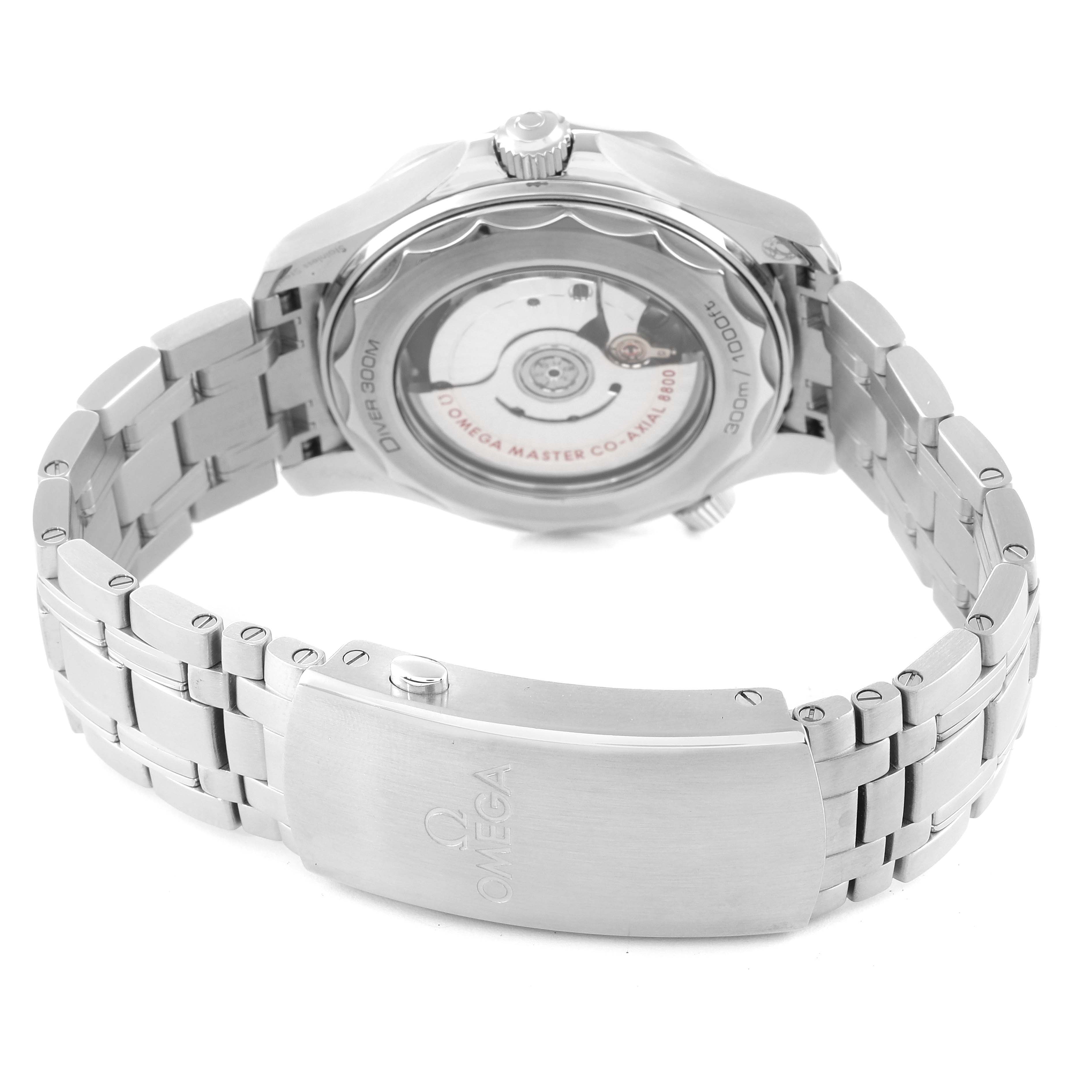 The image shows the Omega Seamaster 210.30.42.20.01.001 Men's Stainless Steel Black Dial 210.30.42.20.01.001 Men's Stainless Steel Black Dial watch from the back, displaying its open case back and stainless steel bracelet with the Omega logo on the clasp.