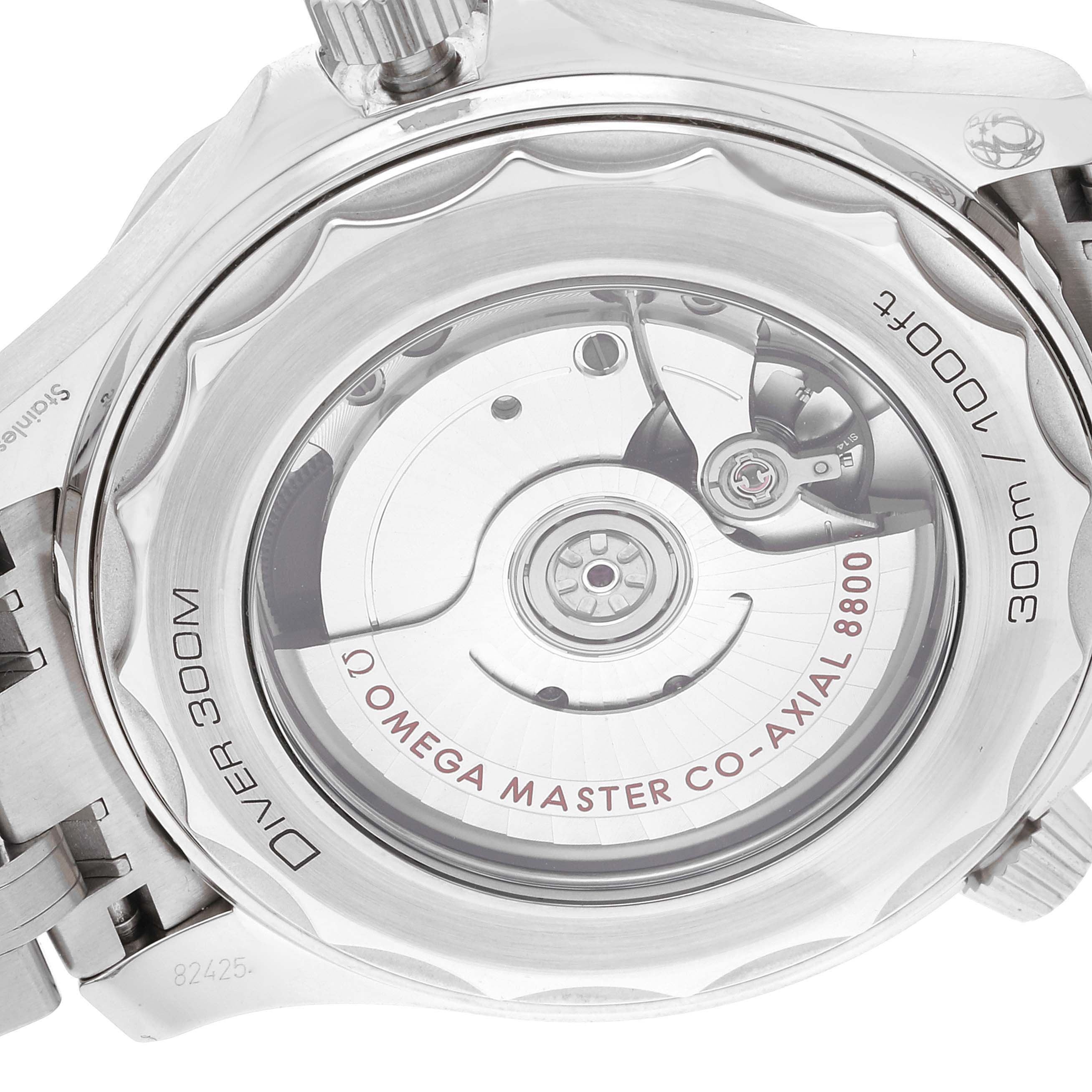 The image shows the back of the Omega Seamaster 210.30.42.20.01.001 Men's Stainless Steel Black Dial 210.30.42.20.01.001 Men's Stainless Steel Black Dial watch displaying its visible rotor and inner mechanical components.