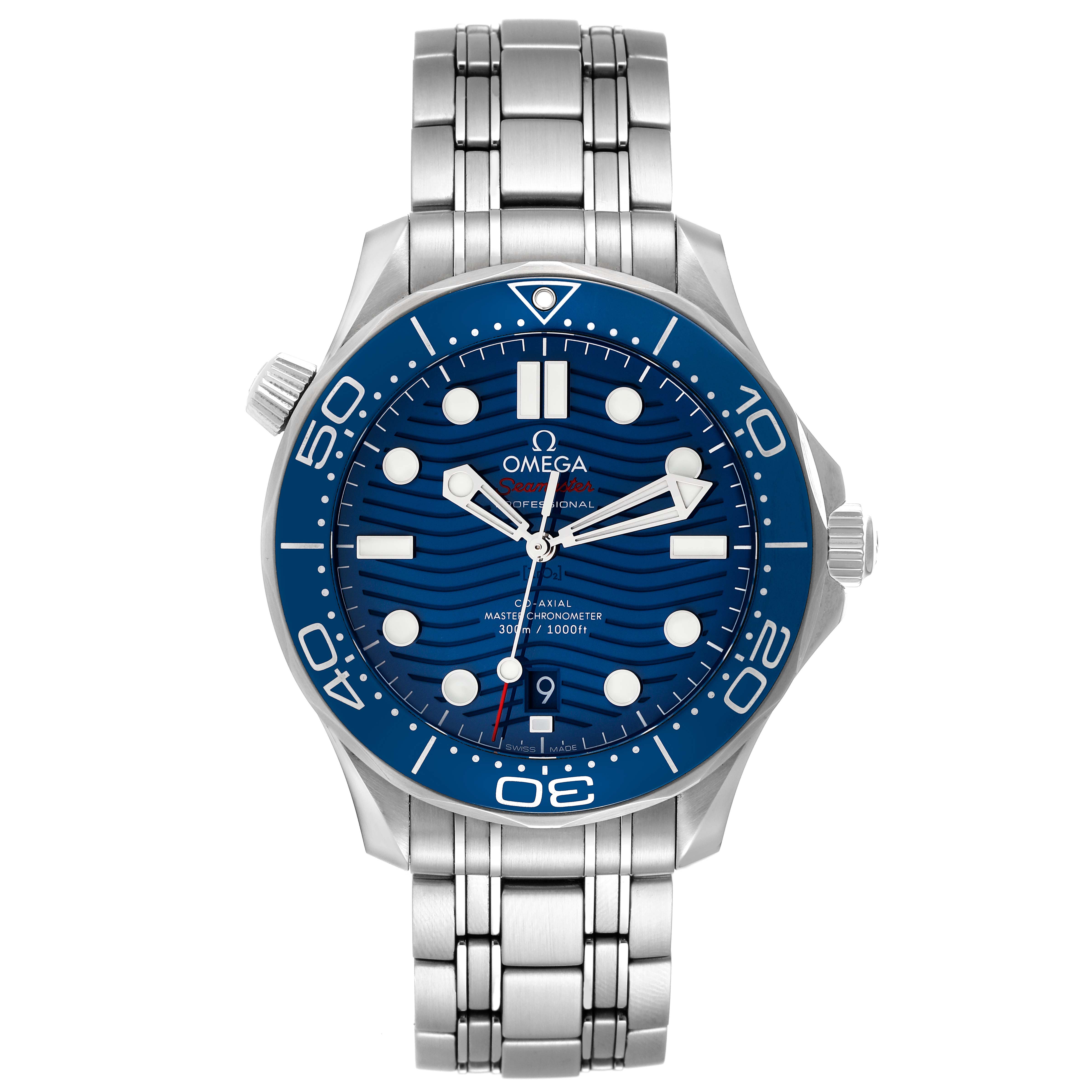 The Omega Seamaster 210.30.42.20.03.001 Men's Stainless Steel Blue Dial 210.30.42.20.03.001 Men's Stainless Steel Blue Dial watch is shown from the front, displaying its blue dial, bezel, and metal bracelet.