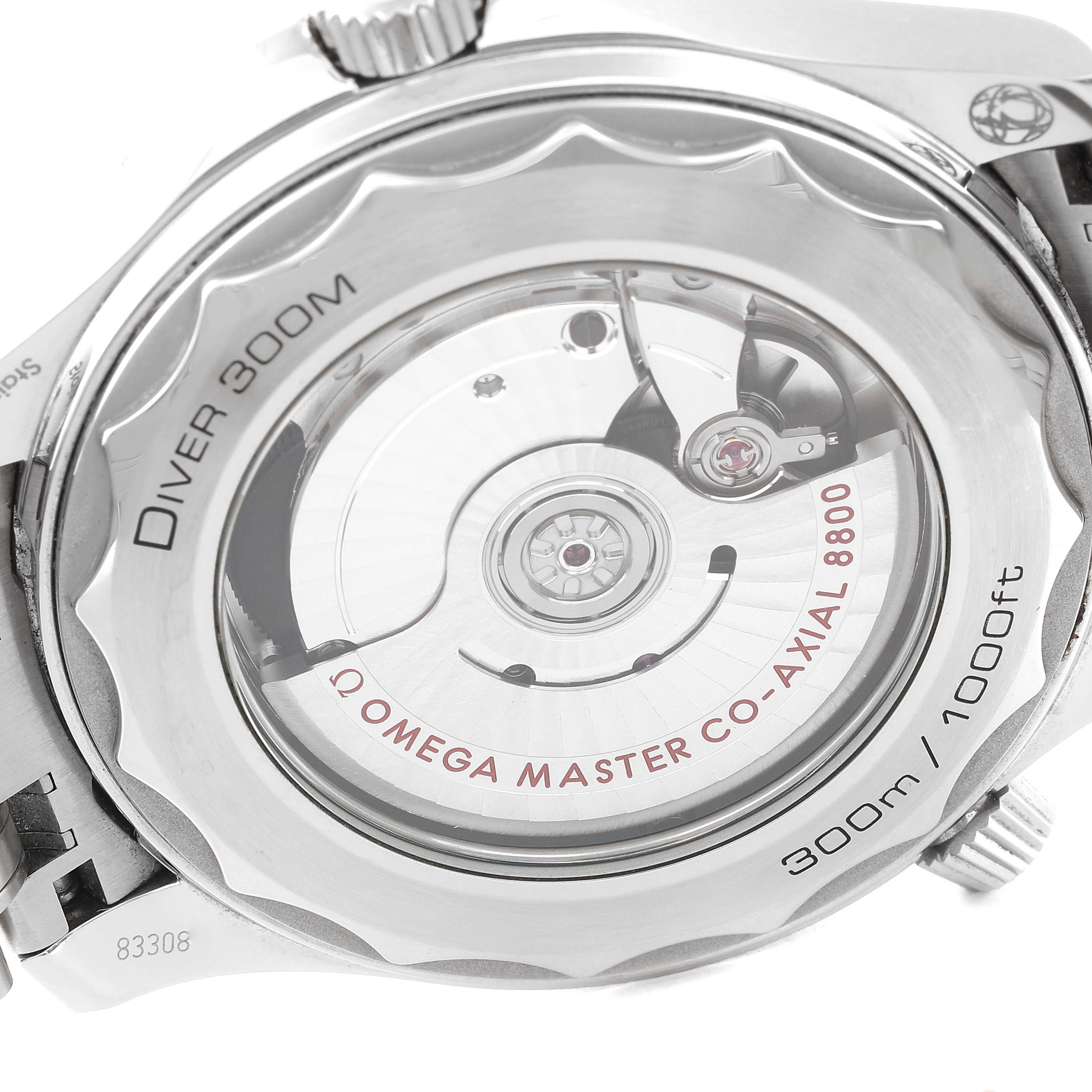 This image shows the back view of the Omega Seamaster 210.30.42.20.03.001 Men's Stainless Steel Blue Dial 210.30.42.20.03.001 Men's Stainless Steel Blue Dial Diver 300M, highlighting the movement and transparent case back.