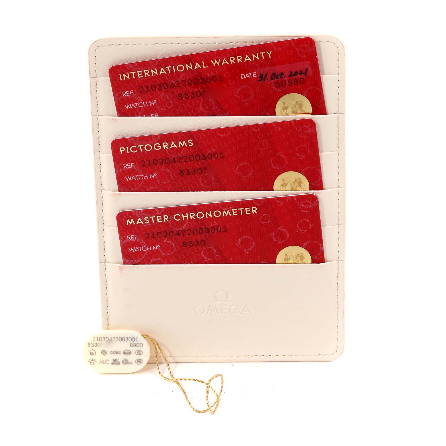 The image shows the warranty and certification cards for the Omega Seamaster 210.30.42.20.03.001 Men's Stainless Steel Blue Dial 210.30.42.20.03.001 Men's Stainless Steel Blue Dial watch in a white cardholder.