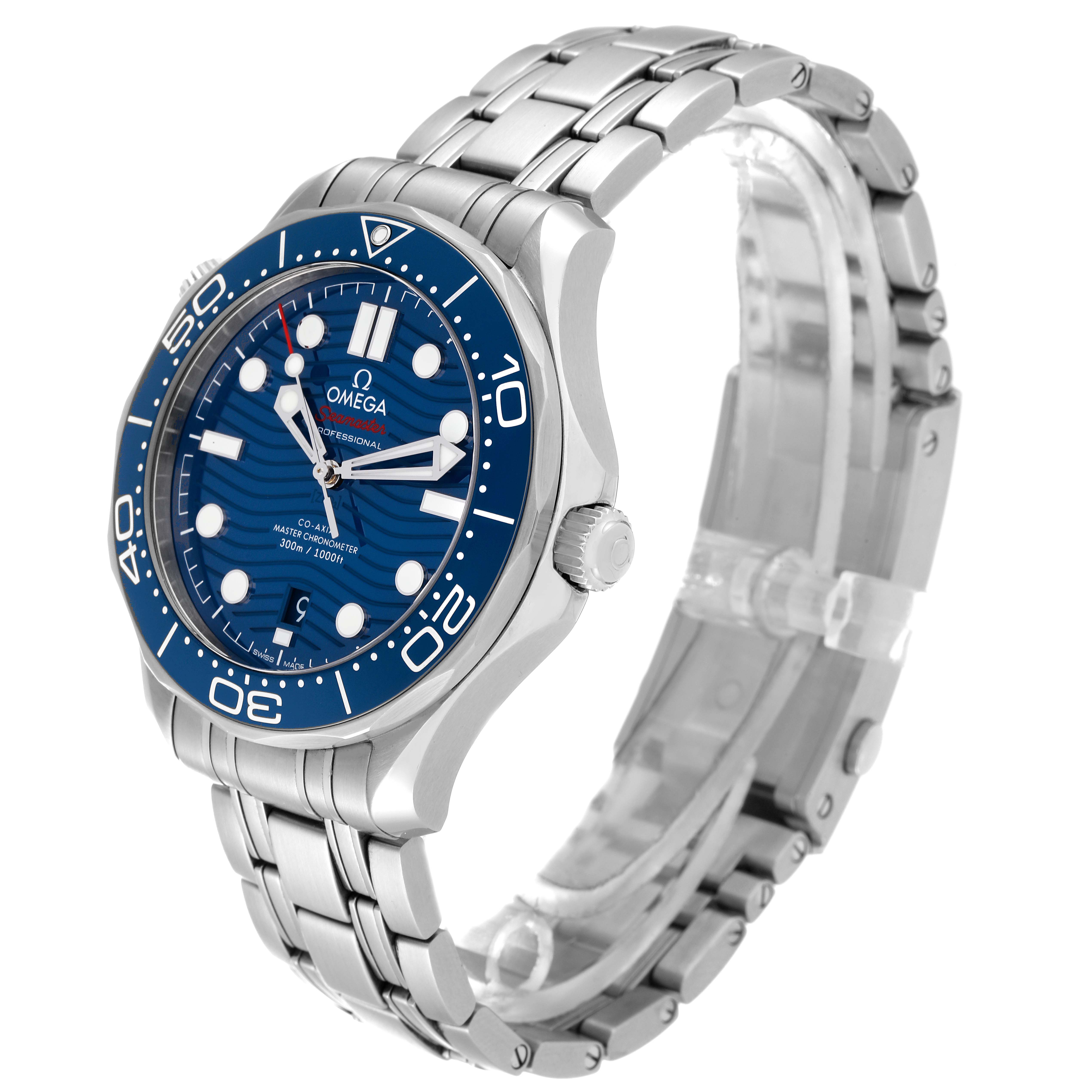 The image shows an angled view of an Omega Seamaster 210.30.42.20.03.001 Men's Stainless Steel Blue Dial 210.30.42.20.03.001 Men's Stainless Steel Blue Dial watch, highlighting its blue dial, stainless steel case, and bracelet.