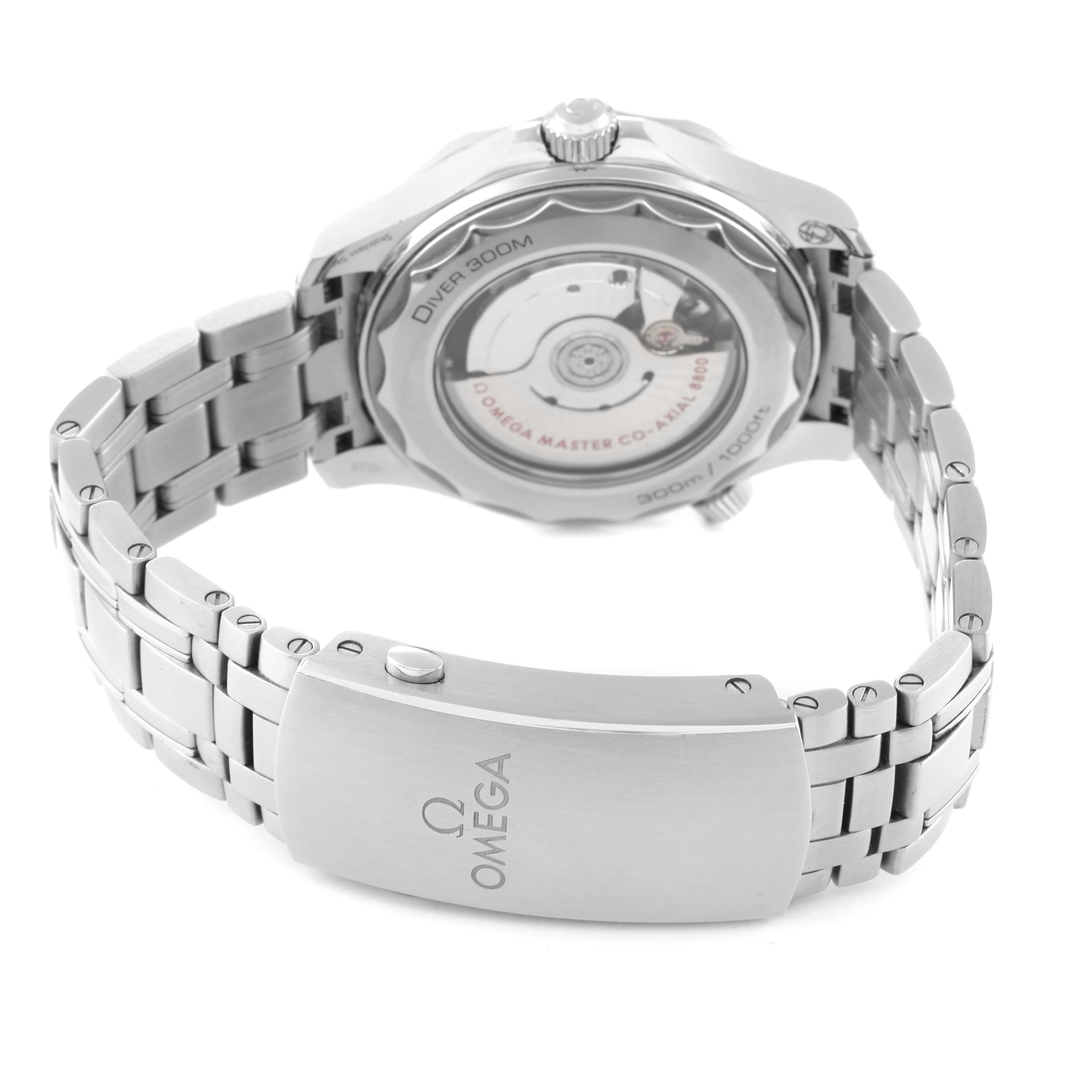 The angle shows the back of the Omega Seamaster 210.30.42.20.03.001 Men's Stainless Steel Blue Dial 210.30.42.20.03.001 Men's Stainless Steel Blue Dial watch, the movement inside, and the metal bracelet with the clasp.