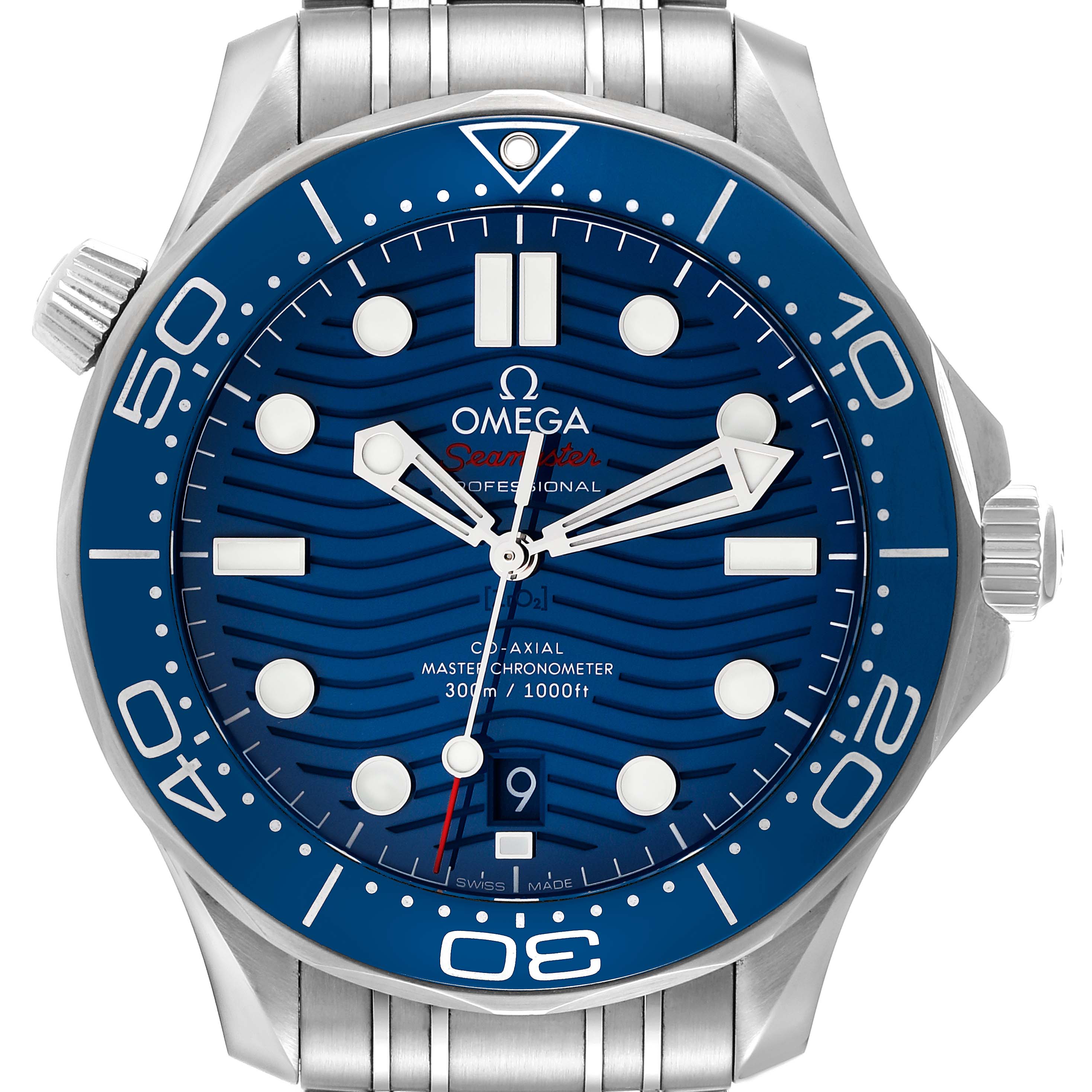 The image shows a front view of the Omega Seamaster 210.30.42.20.03.001 Men's Stainless Steel Blue Dial 210.30.42.20.03.001 Men's Stainless Steel Blue Dial watch, highlighting the blue dial, bezel, hour markers, and stainless steel bracelet.