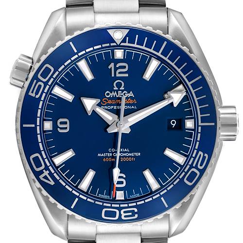 The image shows a front view of the Omega Planet Ocean 215.30.44.21.03.001 Men's Stainless Steel Blue Dial watch, highlighting the blue dial, bezel, and stainless steel bracelet.
