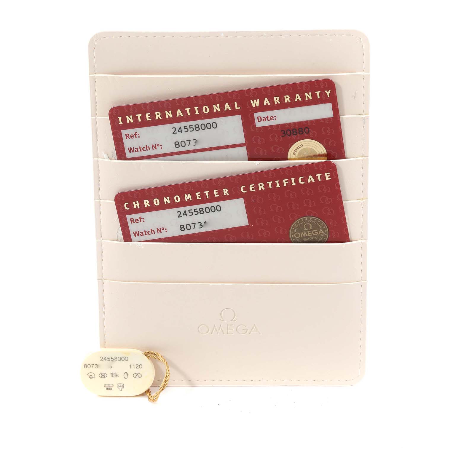 The image shows warranty and certification cards and a tag for an Omega Seamaster 2455.80.00 Men's Stainless Steel Blue Dial 2455.80.00 Men's Stainless Steel Blue Dial watch.