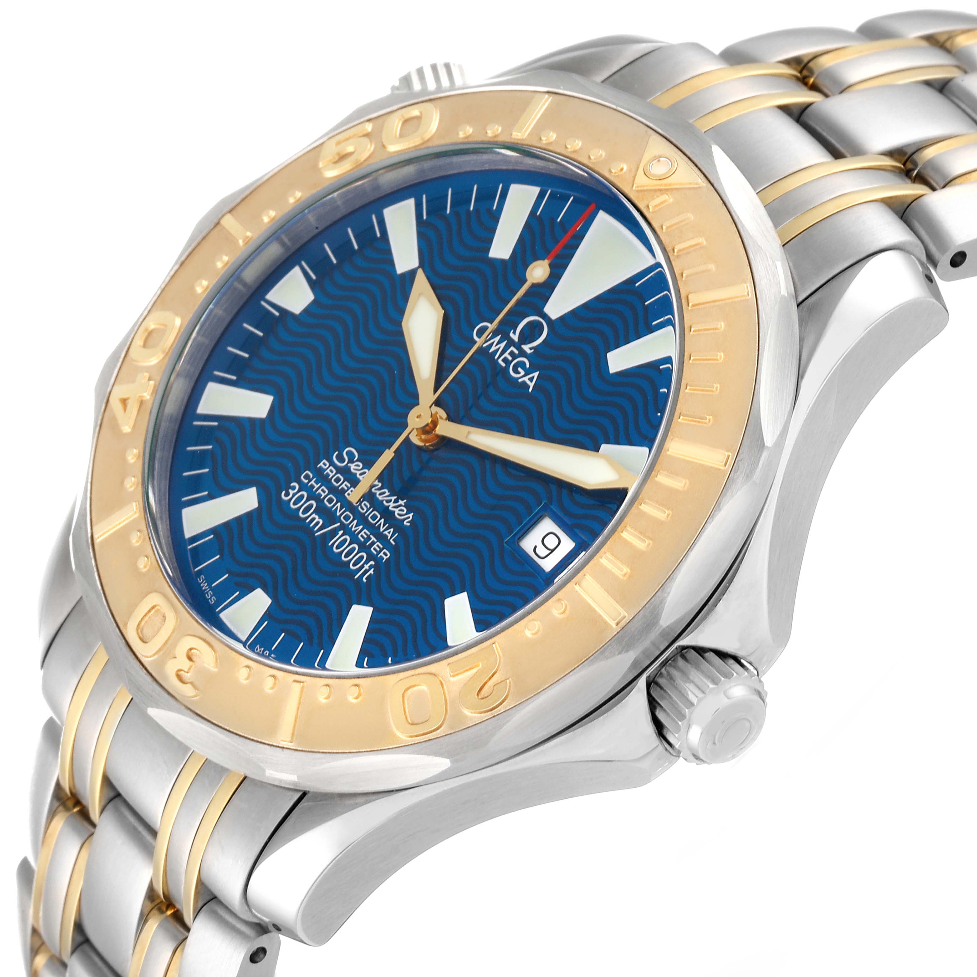 The image shows an angled close-up of an Omega Seamaster 2455.80.00 Men's Stainless Steel Blue Dial 2455.80.00 Men's Stainless Steel Blue Dial watch, highlighting the bezel, dial, crown, and part of the bracelet.
