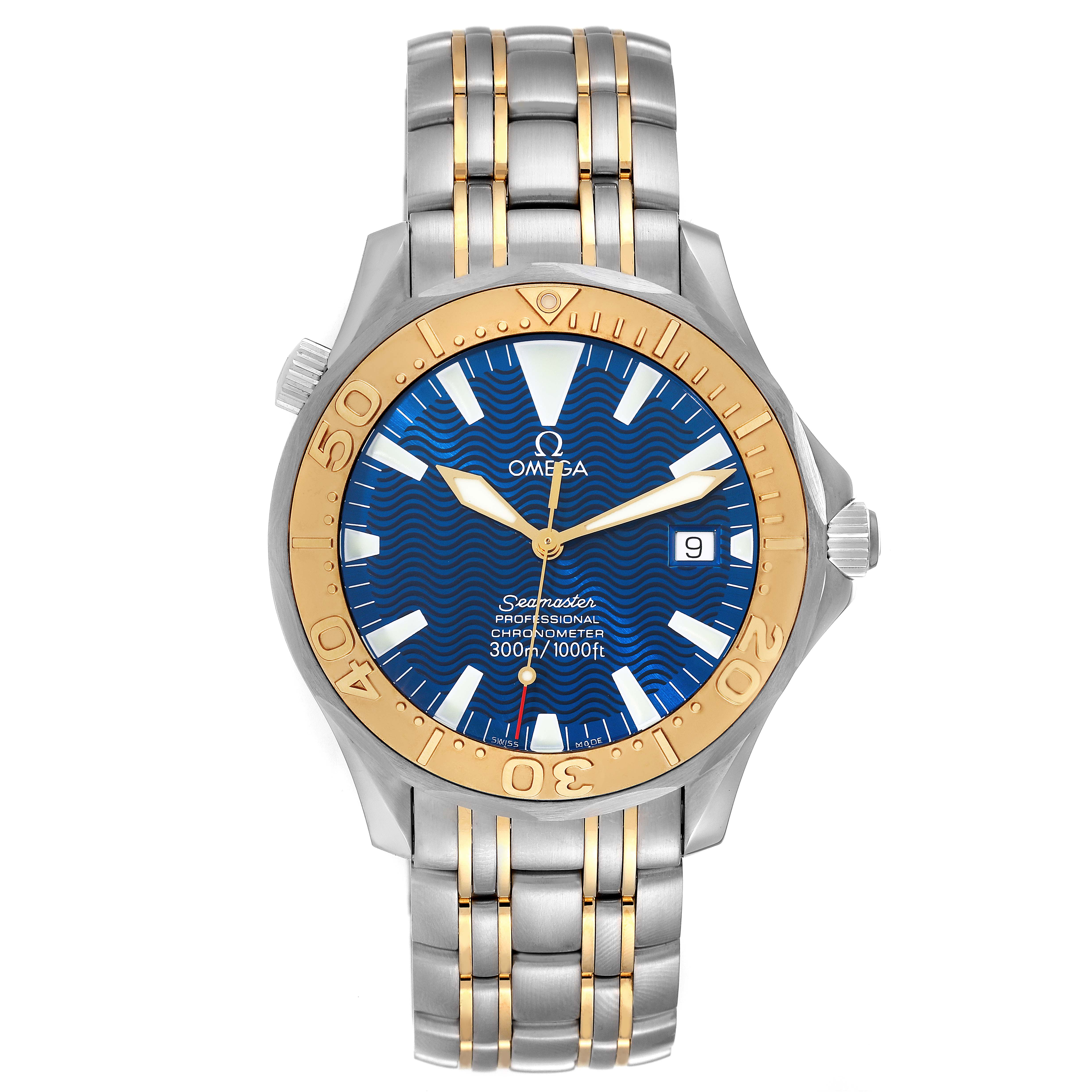The Omega Seamaster 2455.80.00 Men's Stainless Steel Blue Dial 2455.80.00 Men's Stainless Steel Blue Dial watch is shown from a front angle, displaying the face, bezel, and bracelet.