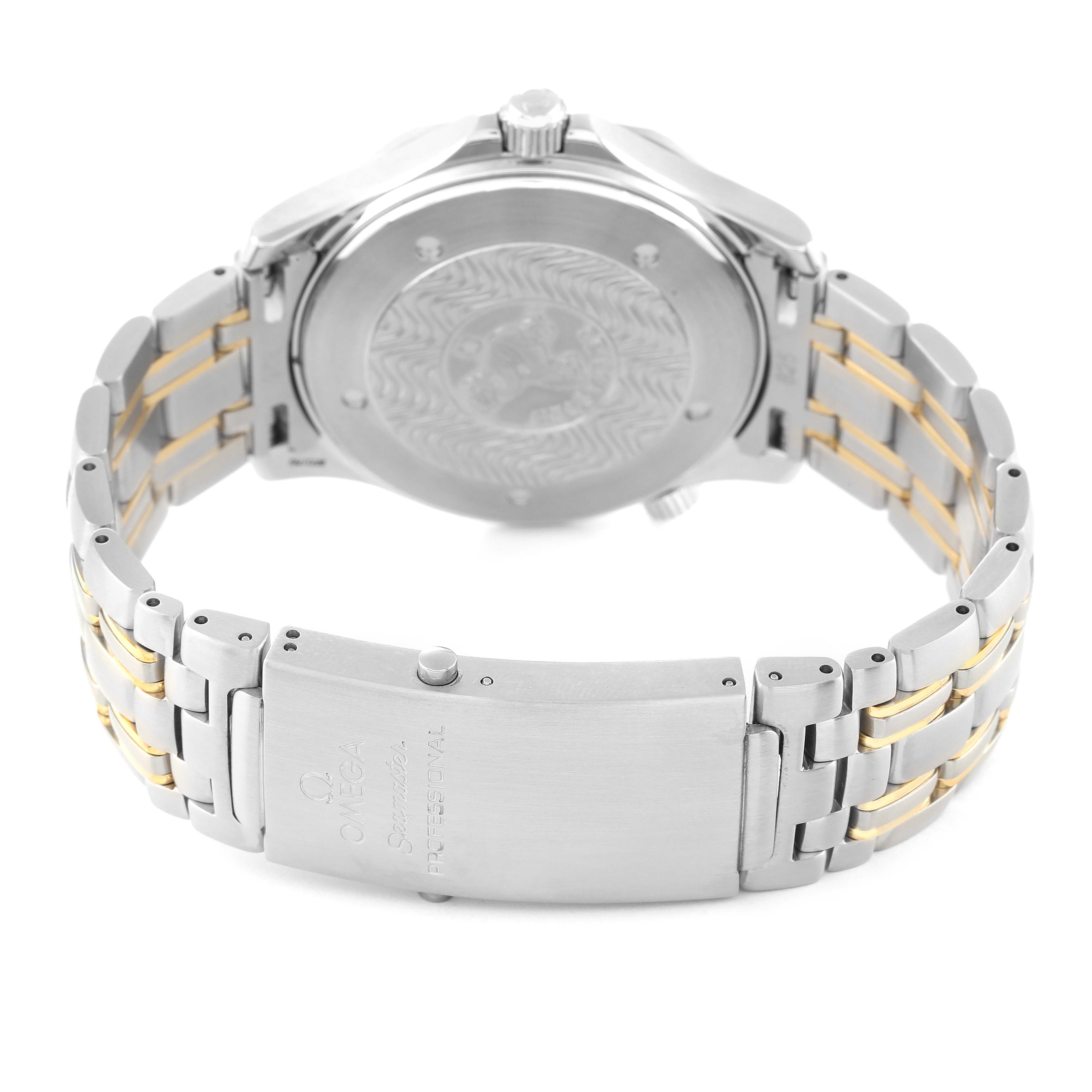 The image shows the back and clasp of an Omega Seamaster 2455.80.00 Men's Stainless Steel Blue Dial 2455.80.00 Men's Stainless Steel Blue Dial watch, including the engraved case back and two-tone bracelet.