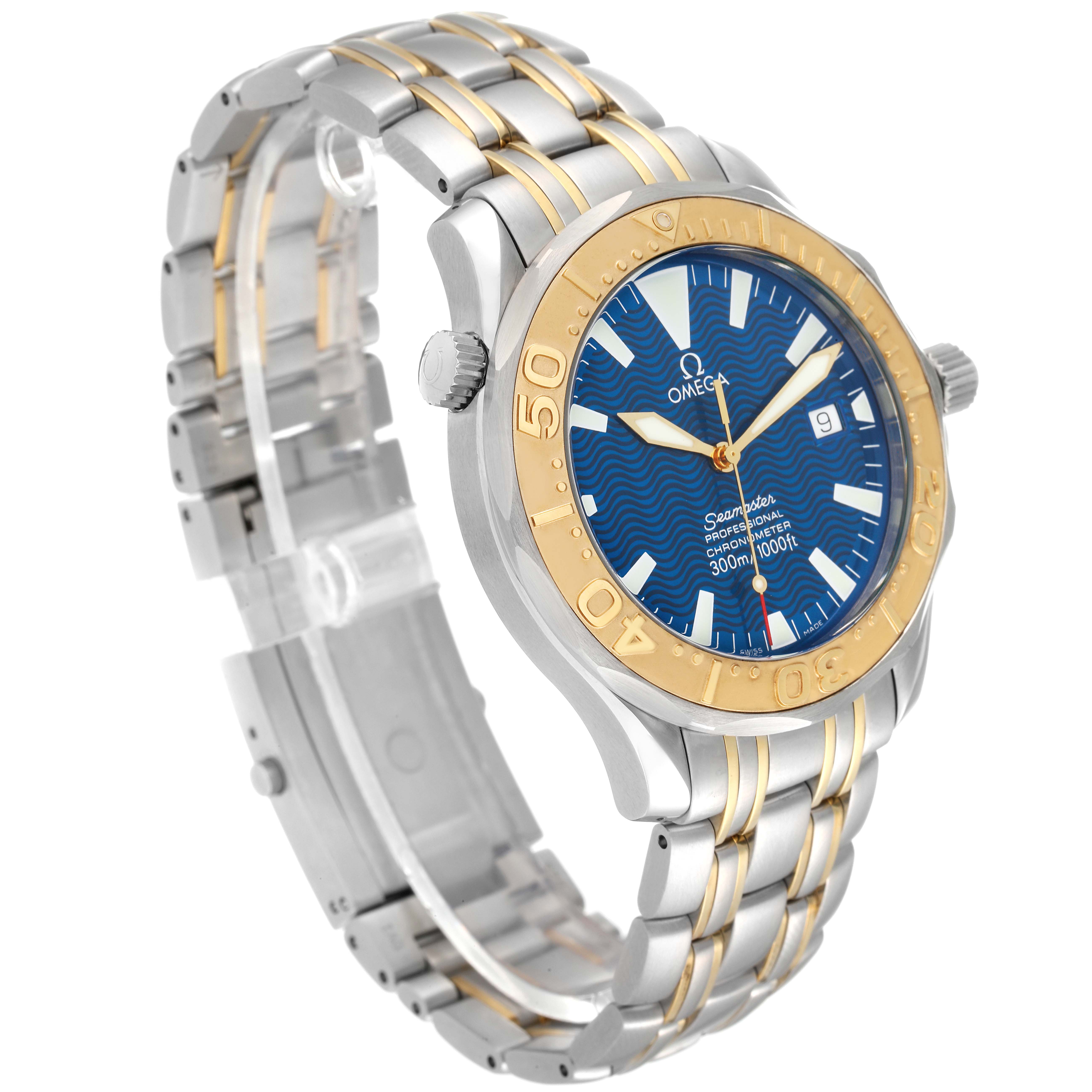 This image shows an Omega Seamaster 2455.80.00 Men's Stainless Steel Blue Dial 2455.80.00 Men's Stainless Steel Blue Dial watch at a slight angle, highlighting the face, bezel, and part of the bracelet.