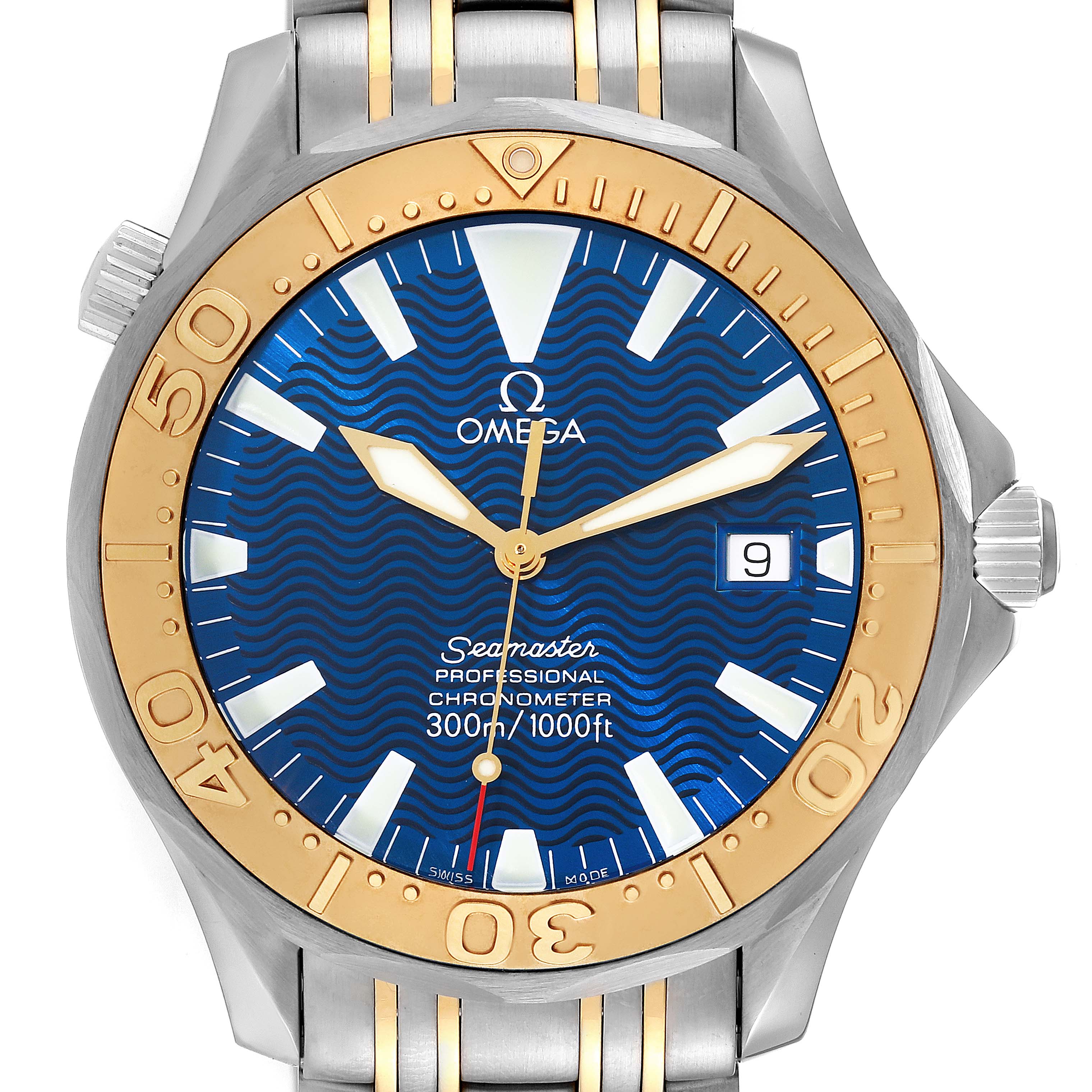 The image shows a front view of an Omega Seamaster 2455.80.00 Men's Stainless Steel Blue Dial 2455.80.00 Men's Stainless Steel Blue Dial watch, highlighting its blue dial, gold bezel, and part of the metal bracelet.