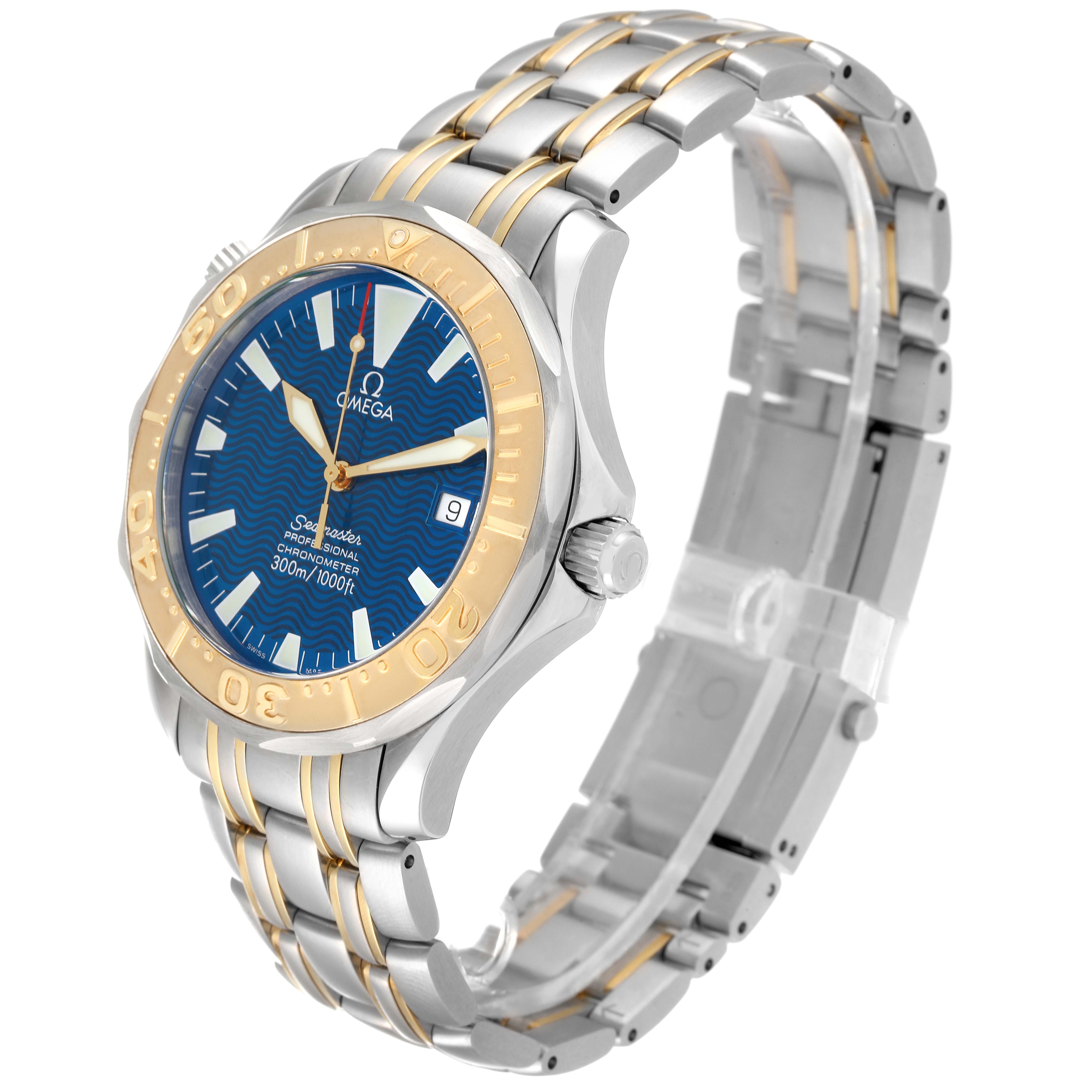 The image shows an Omega Seamaster 2455.80.00 Men's Stainless Steel Blue Dial 2455.80.00 Men's Stainless Steel Blue Dial watch at a three-quarter angle, highlighting the face, bezel, crown, and bracelet.